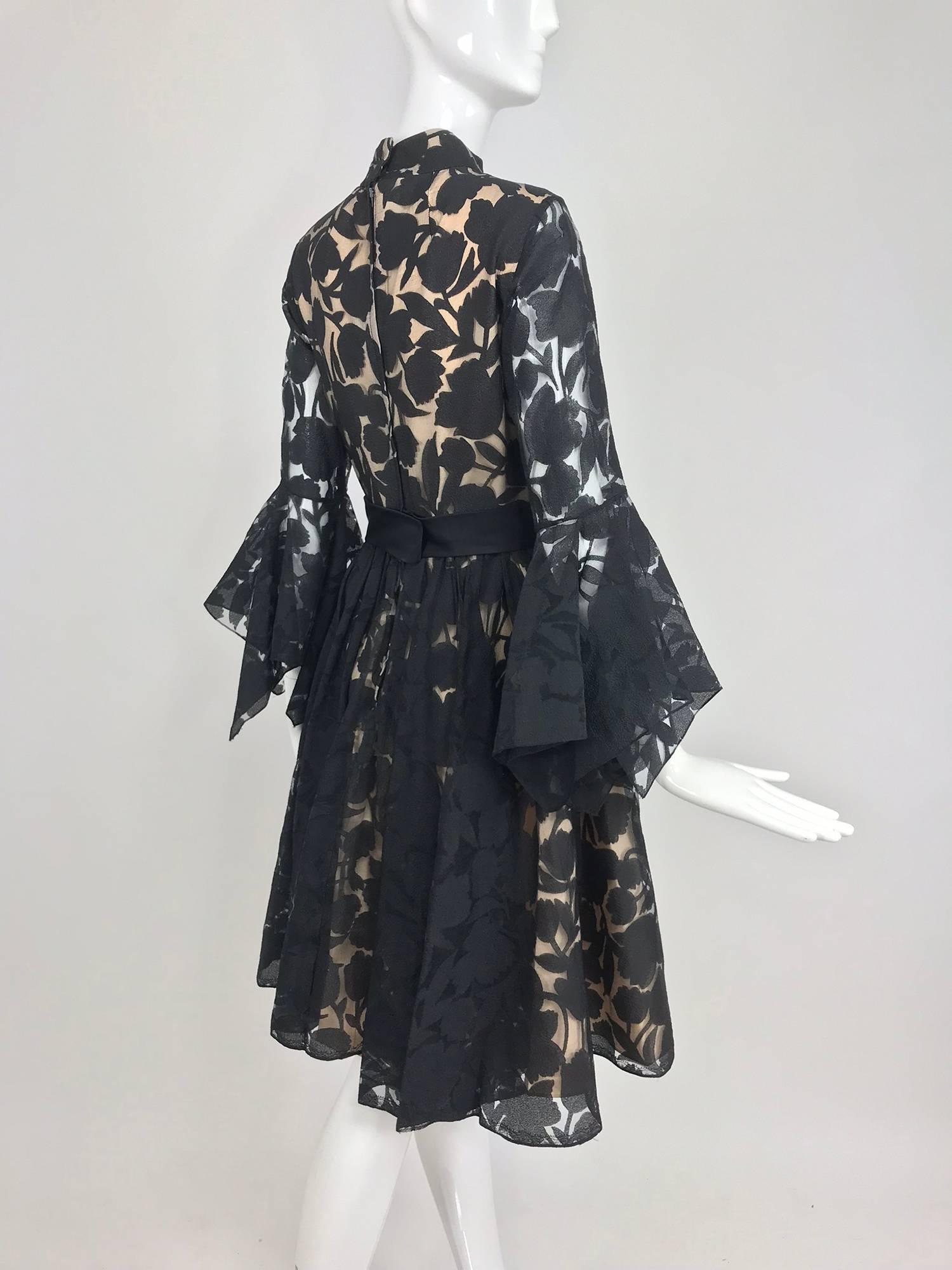 Black and nude voided organza handkerchief sleeve dress, 1960s 2