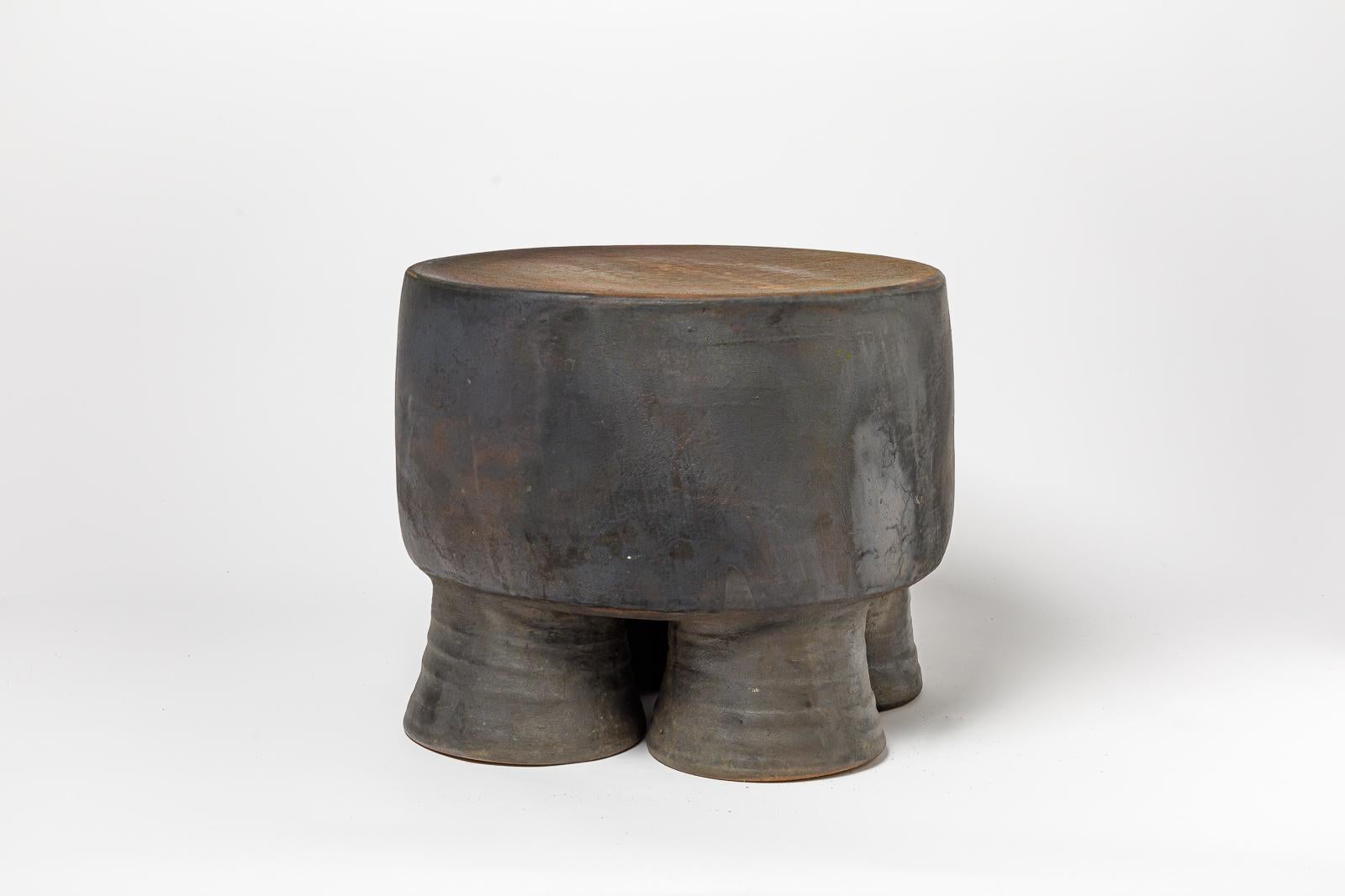 Black and ocher glazed ceramic stool or coffee table by Mia Jensen, 2023. In New Condition For Sale In Saint-Ouen, FR