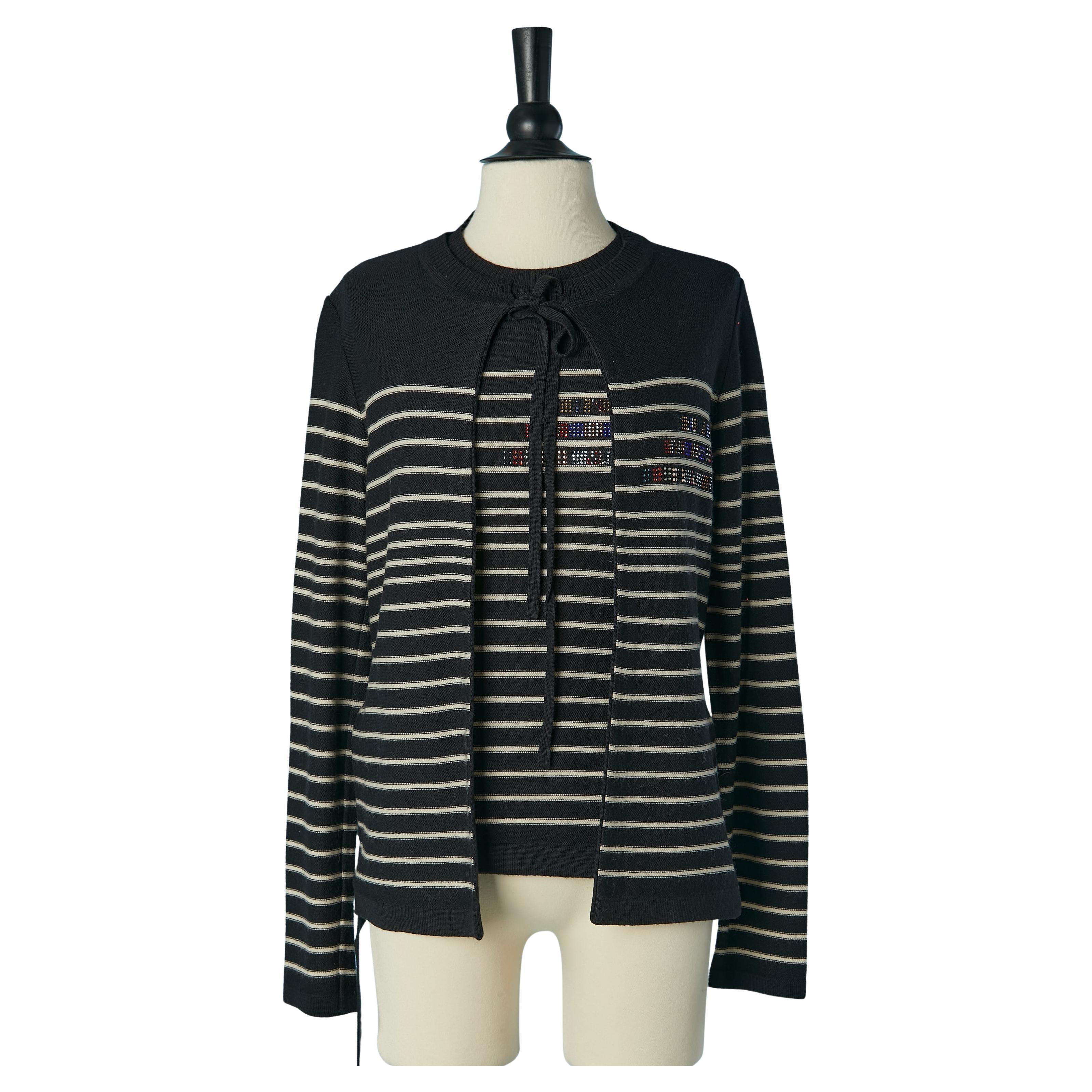 Schwarzes und Off-White gestricktes Twinset mit gestreiftem Muster  Sonia Rykiel