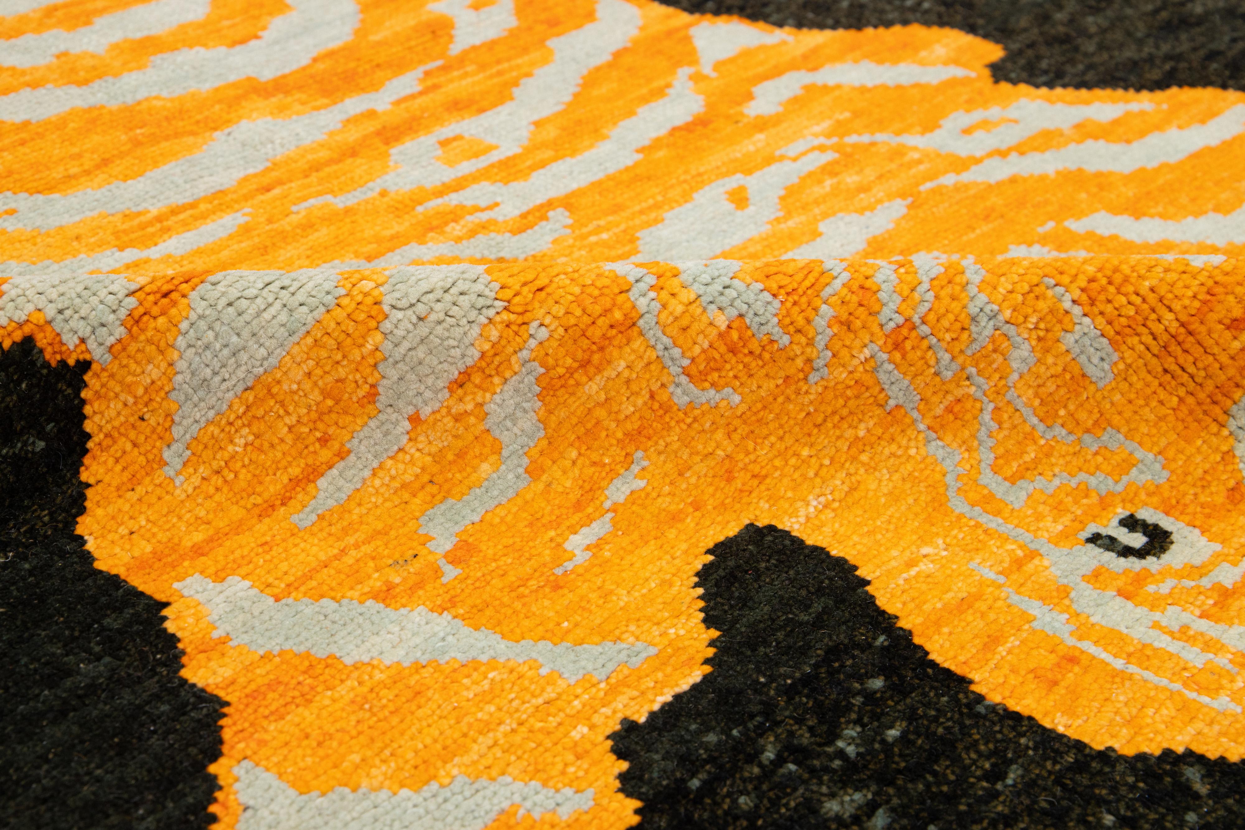 Black and Orange Handmade Wool Rug with a Tiger Design For Sale 3