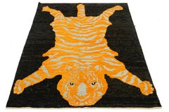 Black and Orange Handmade Wool Rug with a Tiger Design