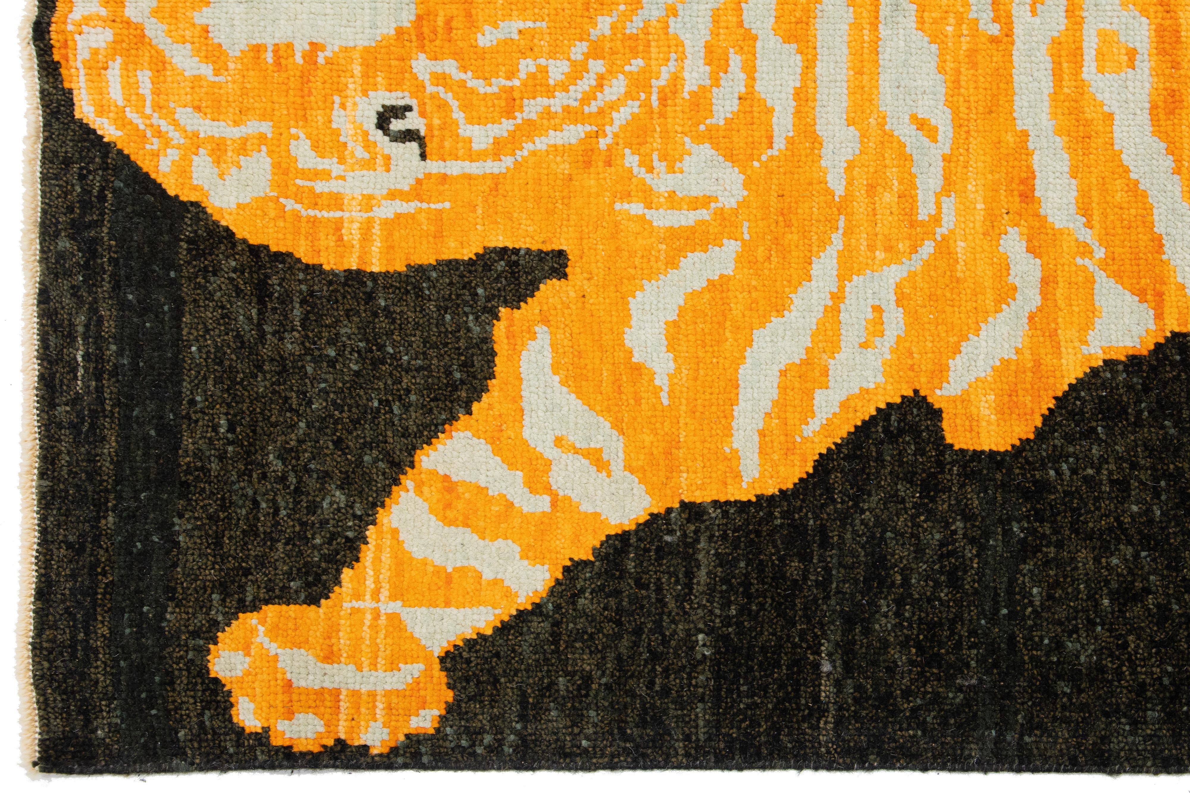 Contemporary Black and Orange Handmade Wool Rug with a Tiger Design For Sale