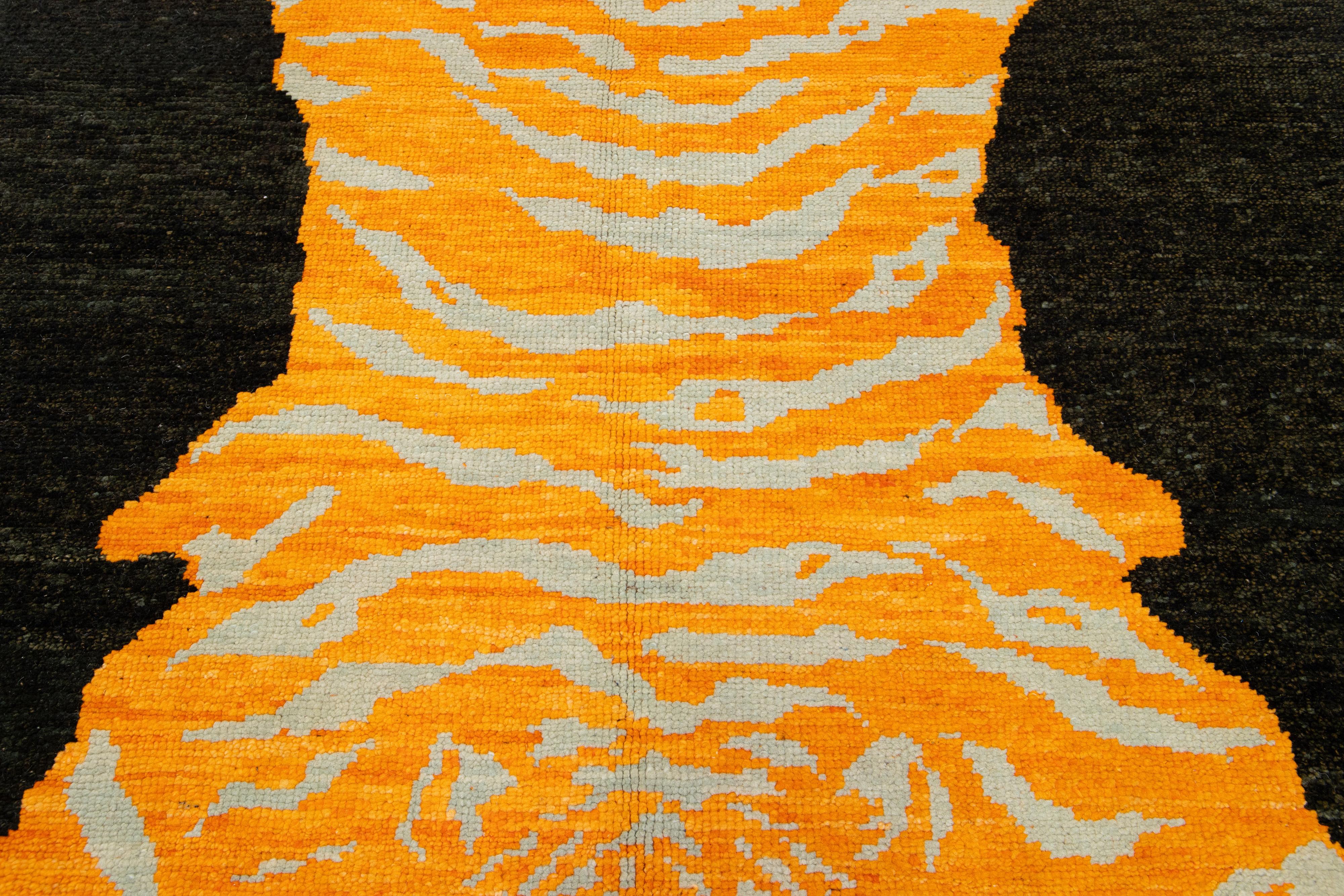 Black and Orange Handmade Wool Rug with a Tiger Design For Sale 1
