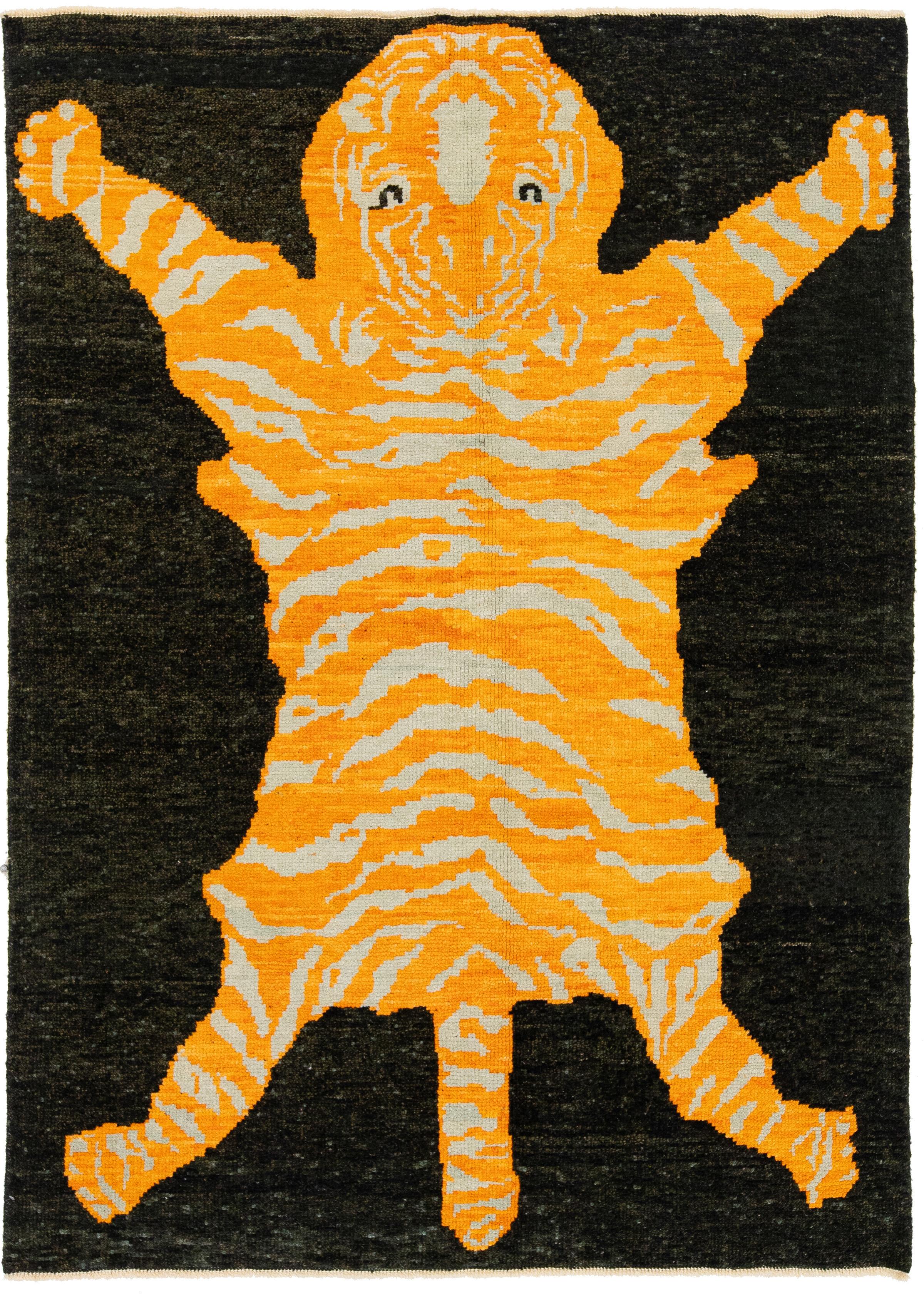 Black and Orange Handmade Wool Rug with a Tiger Design For Sale