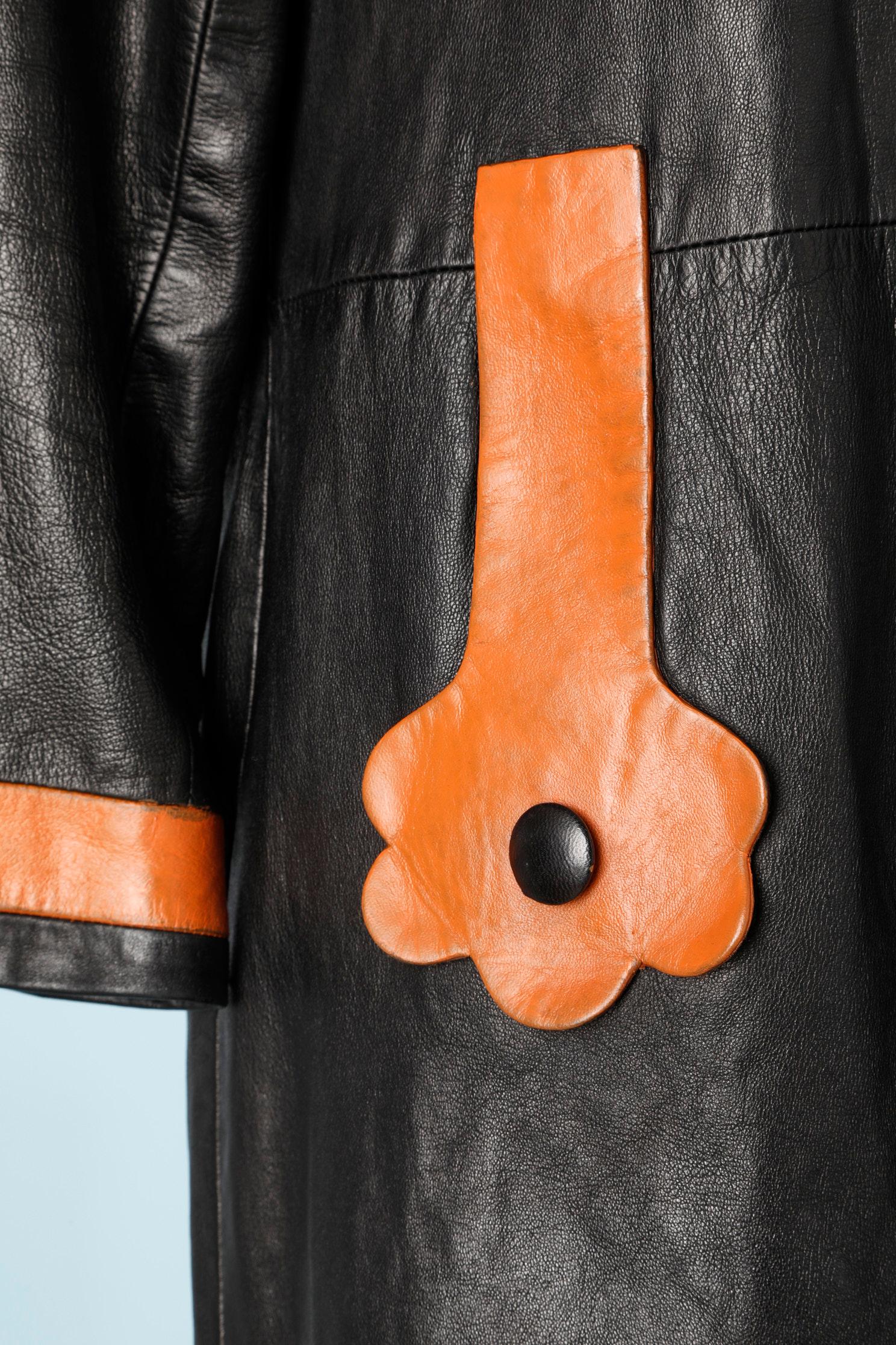 Women's Black and orange leather 60's coat Pierre Cardin 