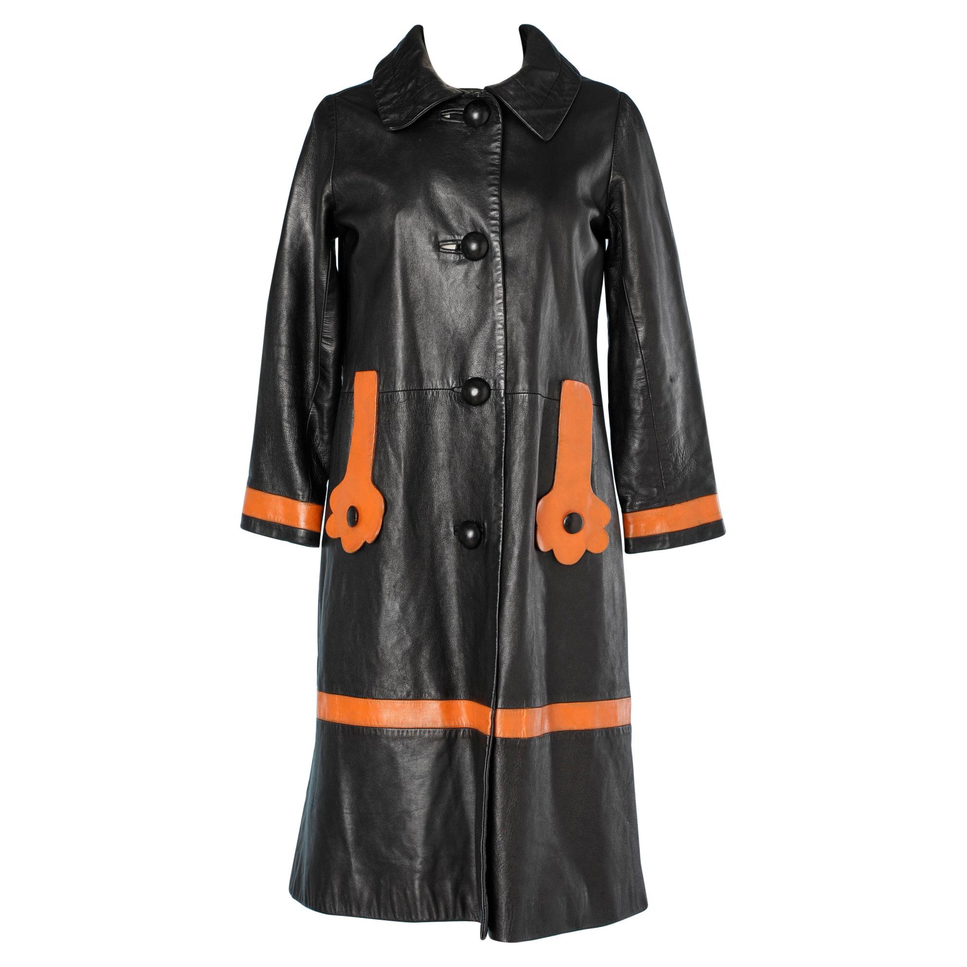 Black and orange leather 60's coat Pierre Cardin 