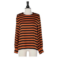Vintage Black and orange striped silk shirt with pied de poule pattern jacquard Céline 