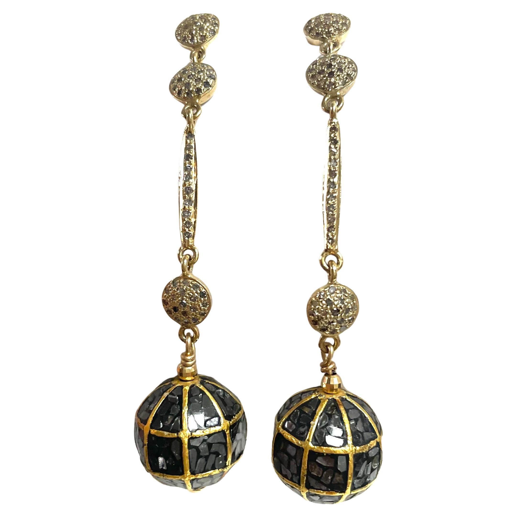 Artisan Black and Pave Diamonds Dangle Earrings For Sale