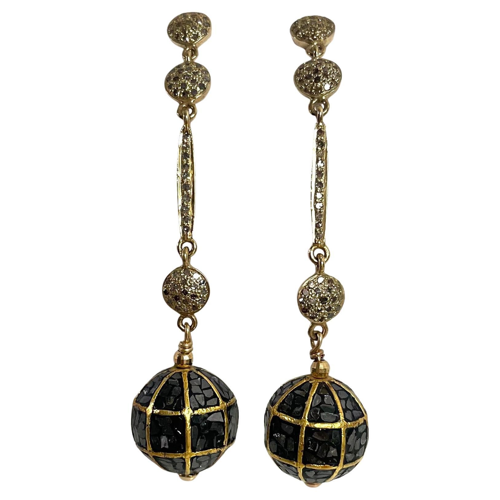 Round Cut Black and Pave Diamonds Dangle Earrings For Sale