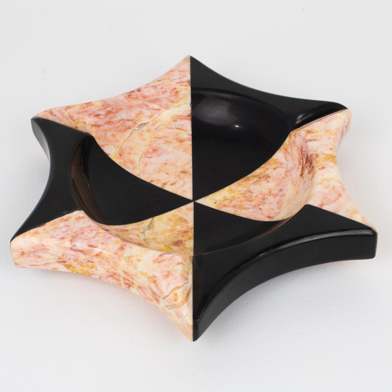 This is a substantial Mid-Century Italian modernist polished marble or onyx cigar ashtray, desk tidy, vide poche, or catchall crafted in the 1970s. This vessel or bowl features an extra thick marble slab with a star-shaped carved design in black and