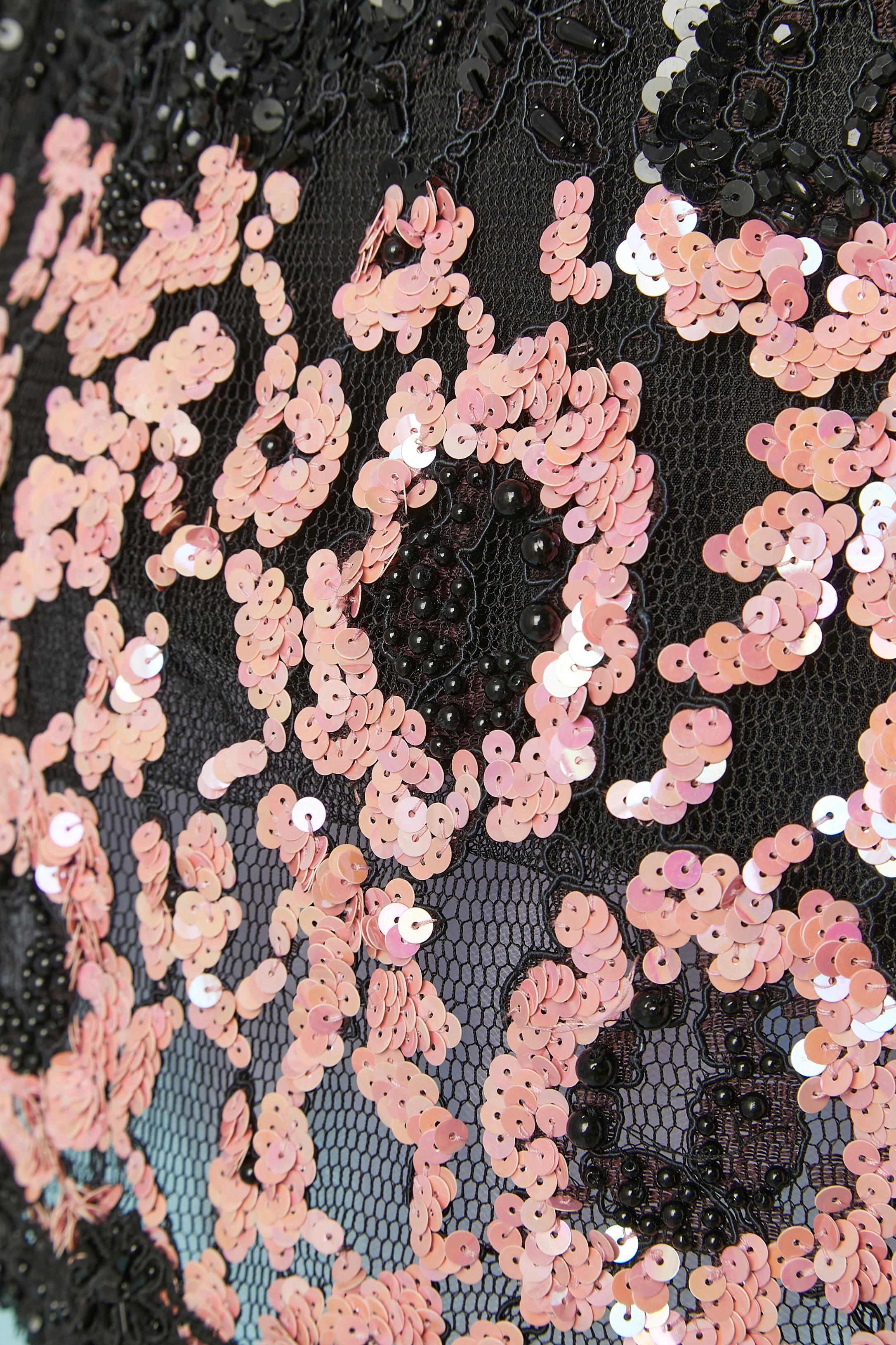 Black and pink sequin cocktail dress with beadwork on lace  Bill Blass Evening For Sale 2