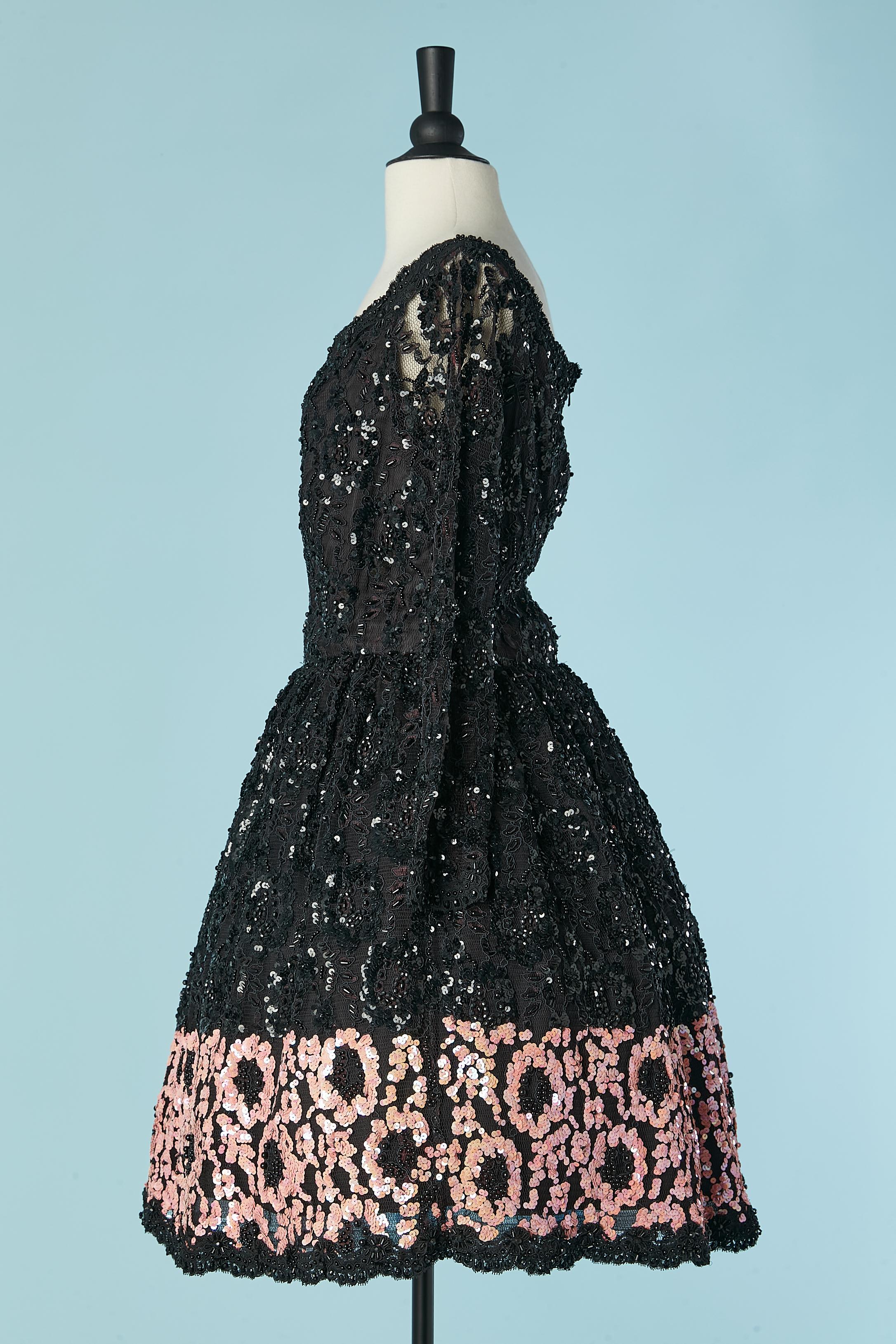 Black and pink sequin cocktail dress with beadwork on lace  Bill Blass Evening For Sale 3