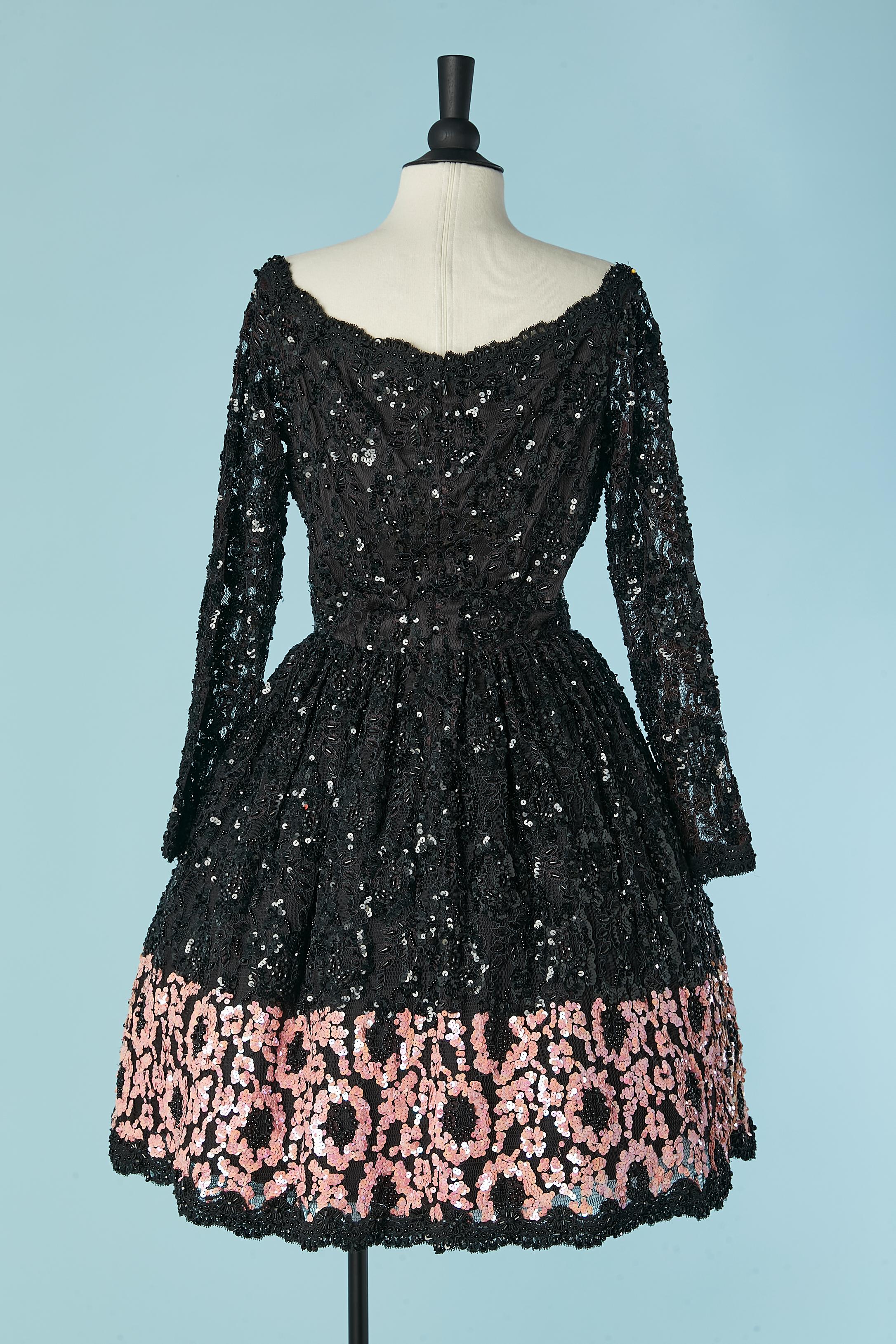 Black and pink sequin cocktail dress with beadwork on lace  Bill Blass Evening For Sale 4