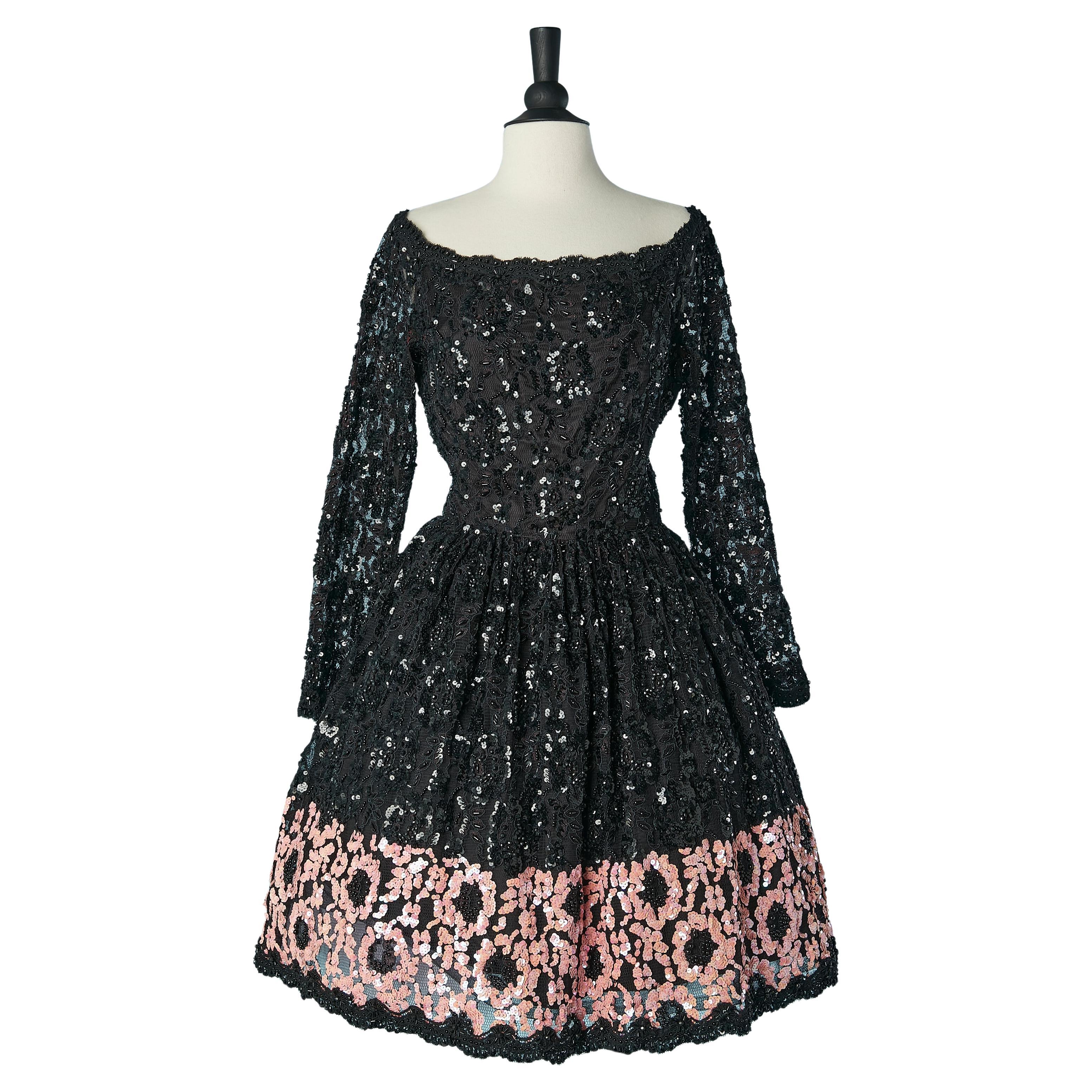 Black and pink sequin cocktail dress with beadwork on lace  Bill Blass Evening For Sale