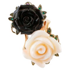 Black and Pink Stone, Emeralds, Rubies, 9 Karat Rose Gold and Silver Retro Ring