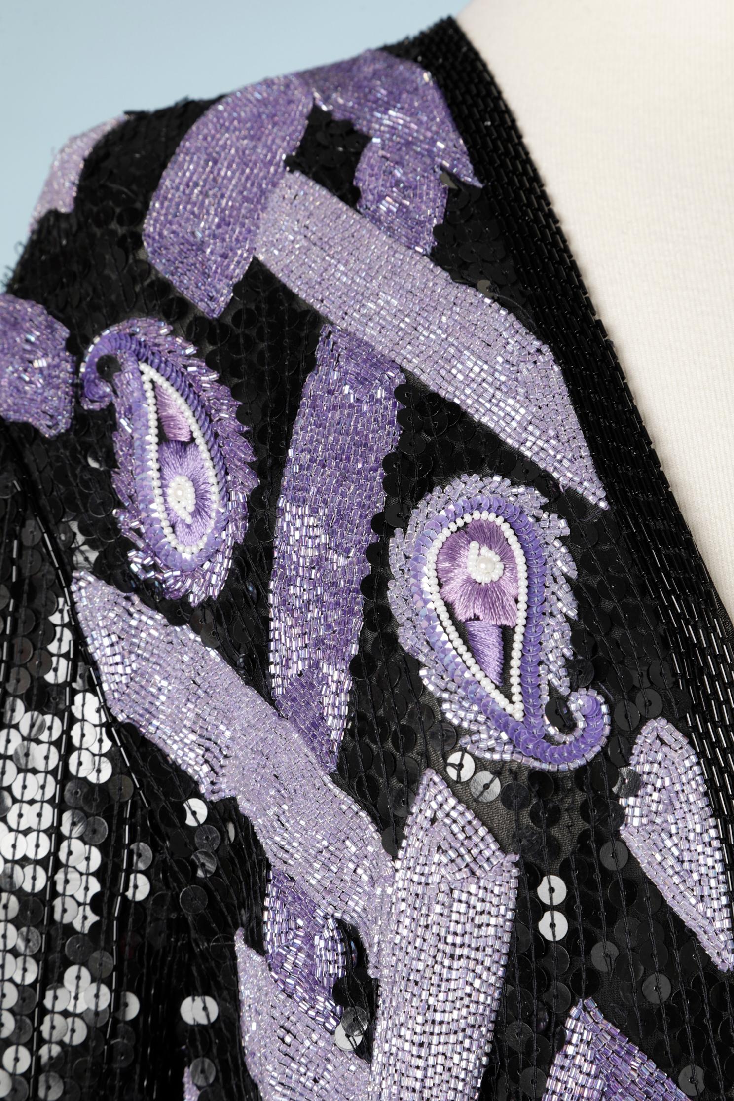 Black and purple full embroidered jacket with beads, threads and sequins on a black chiffon base and chiffon lining; 
