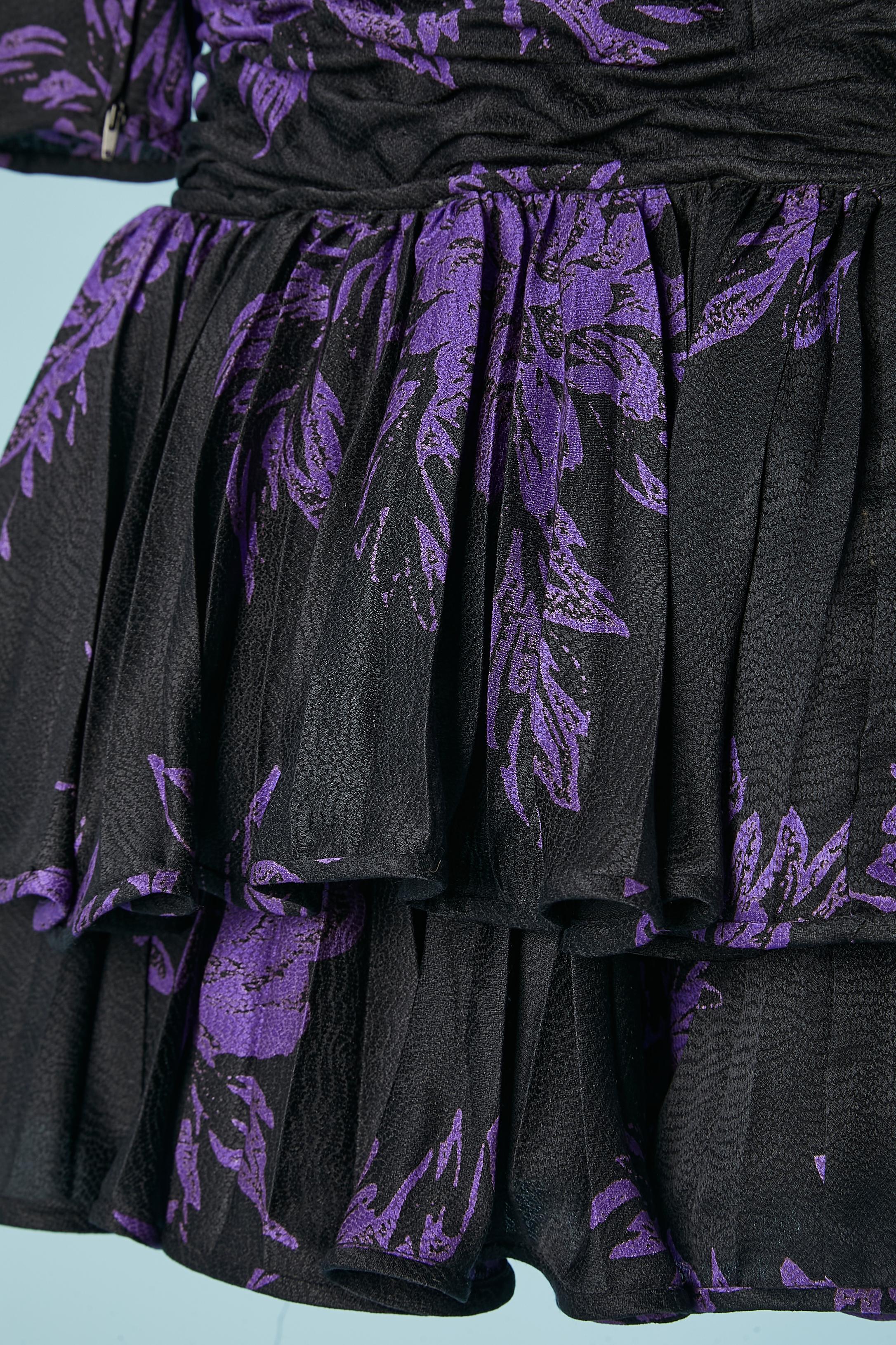 Black and purple jacquard silk draped cocktail dress Ungaro Parallèle Circa 1980 In Excellent Condition For Sale In Saint-Ouen-Sur-Seine, FR