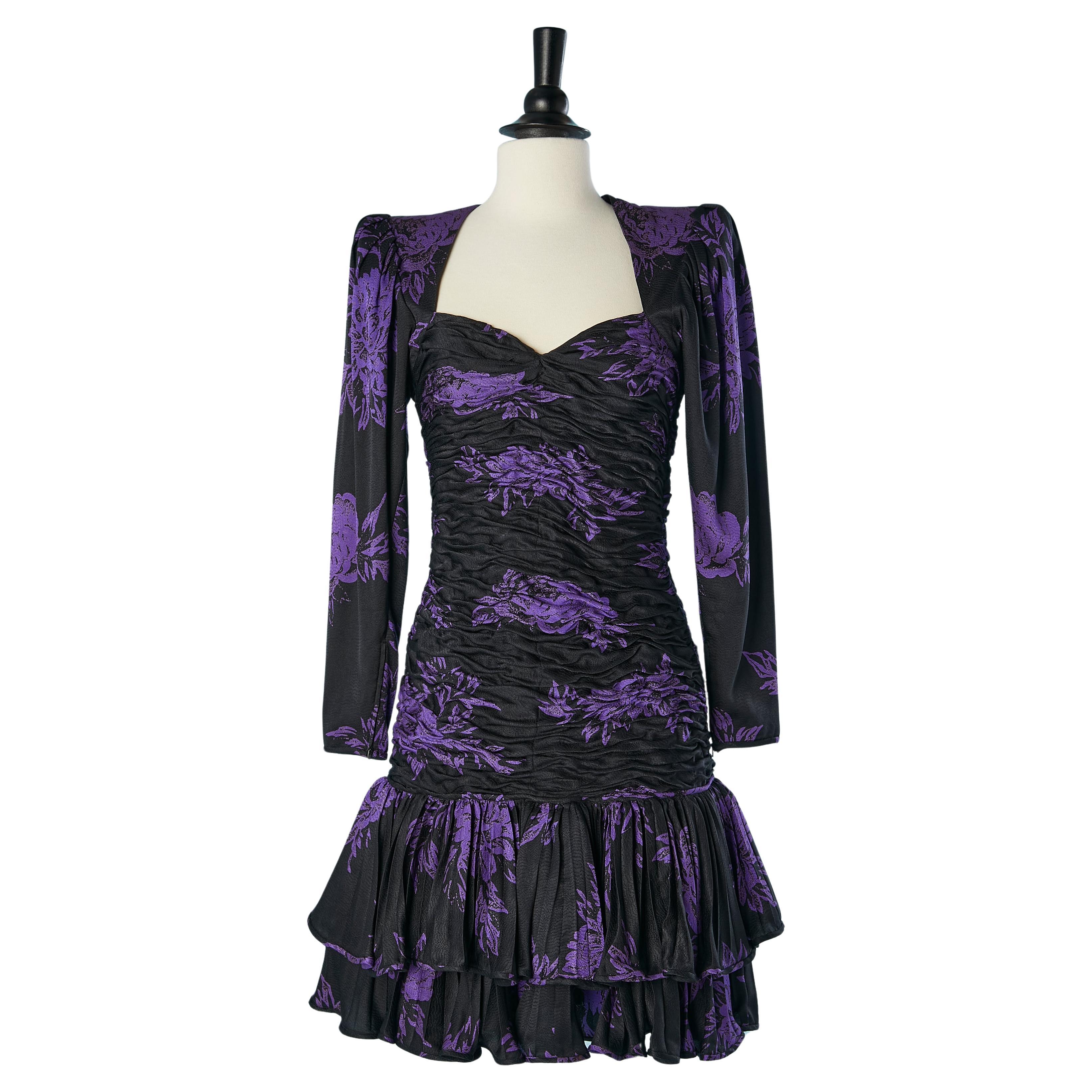 Black and purple jacquard silk draped cocktail dress Ungaro Parallèle Circa 1980 For Sale