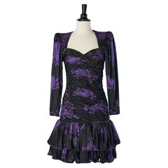 Black and purple jacquard silk draped cocktail dress Ungaro Parallèle Circa 1980