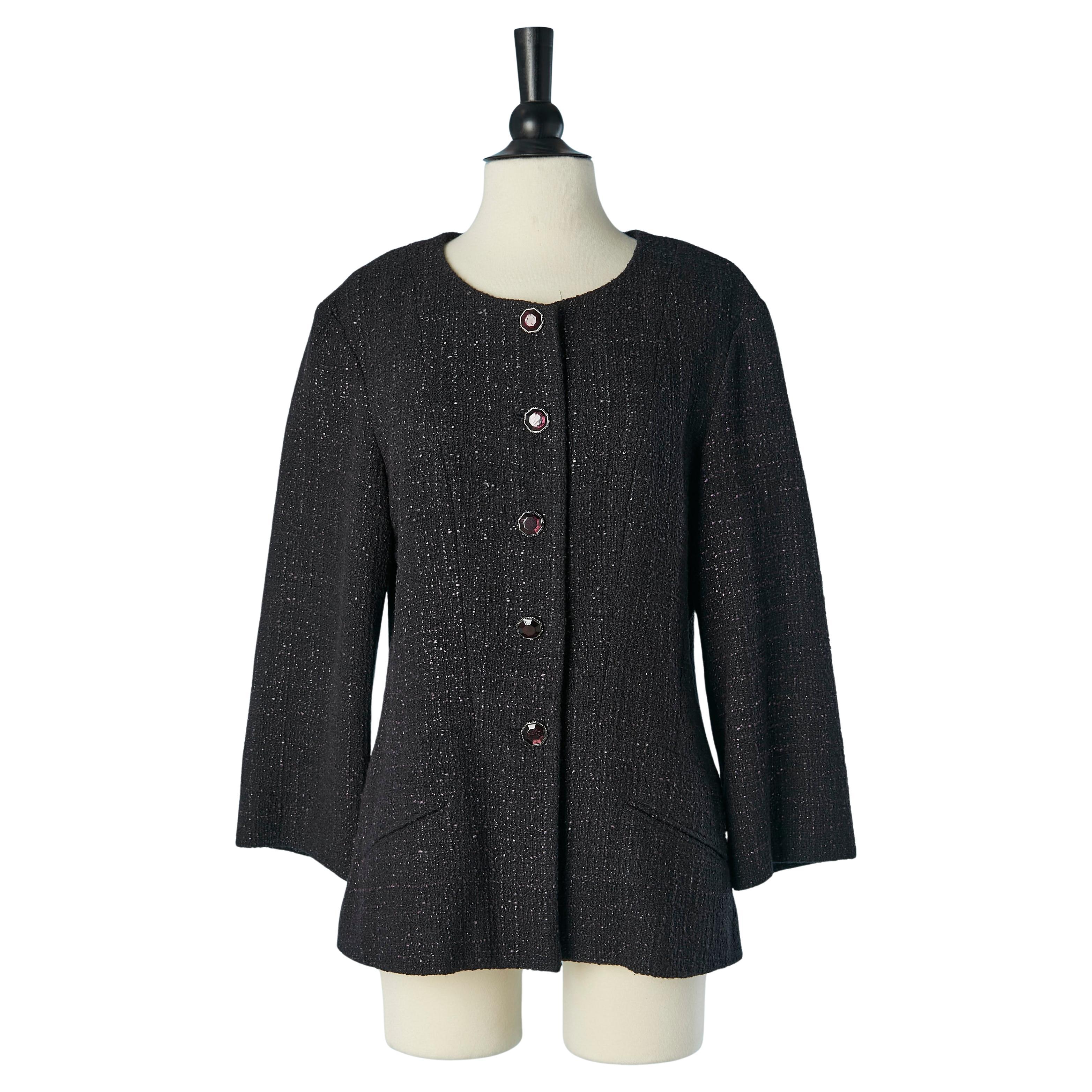 Chaqueta de tweed negra y morada de un solo pecho CHANEL