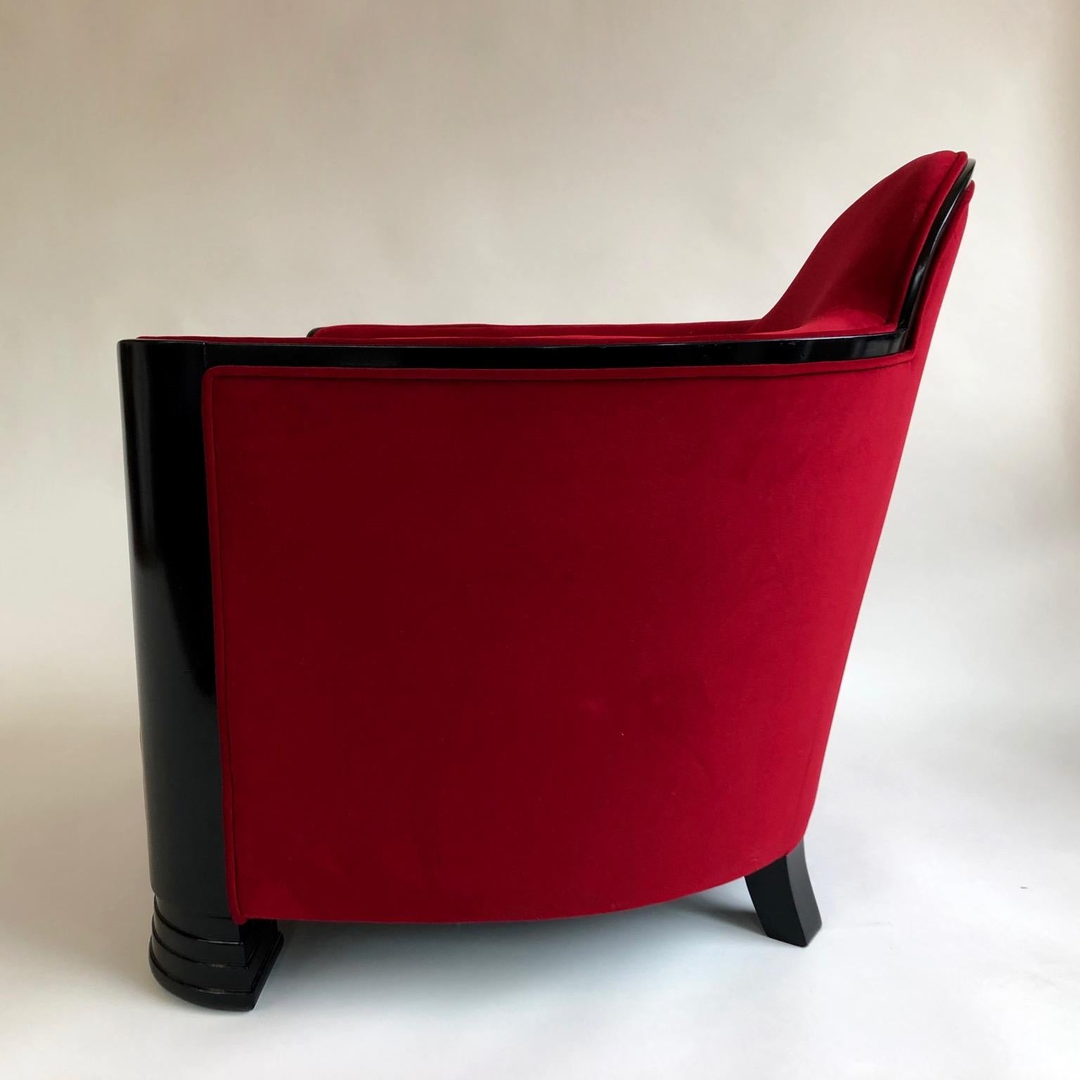 20th Century Black and Red Art Deco Modernist Pair of Armchairs, Club Chairs, France, 1930s