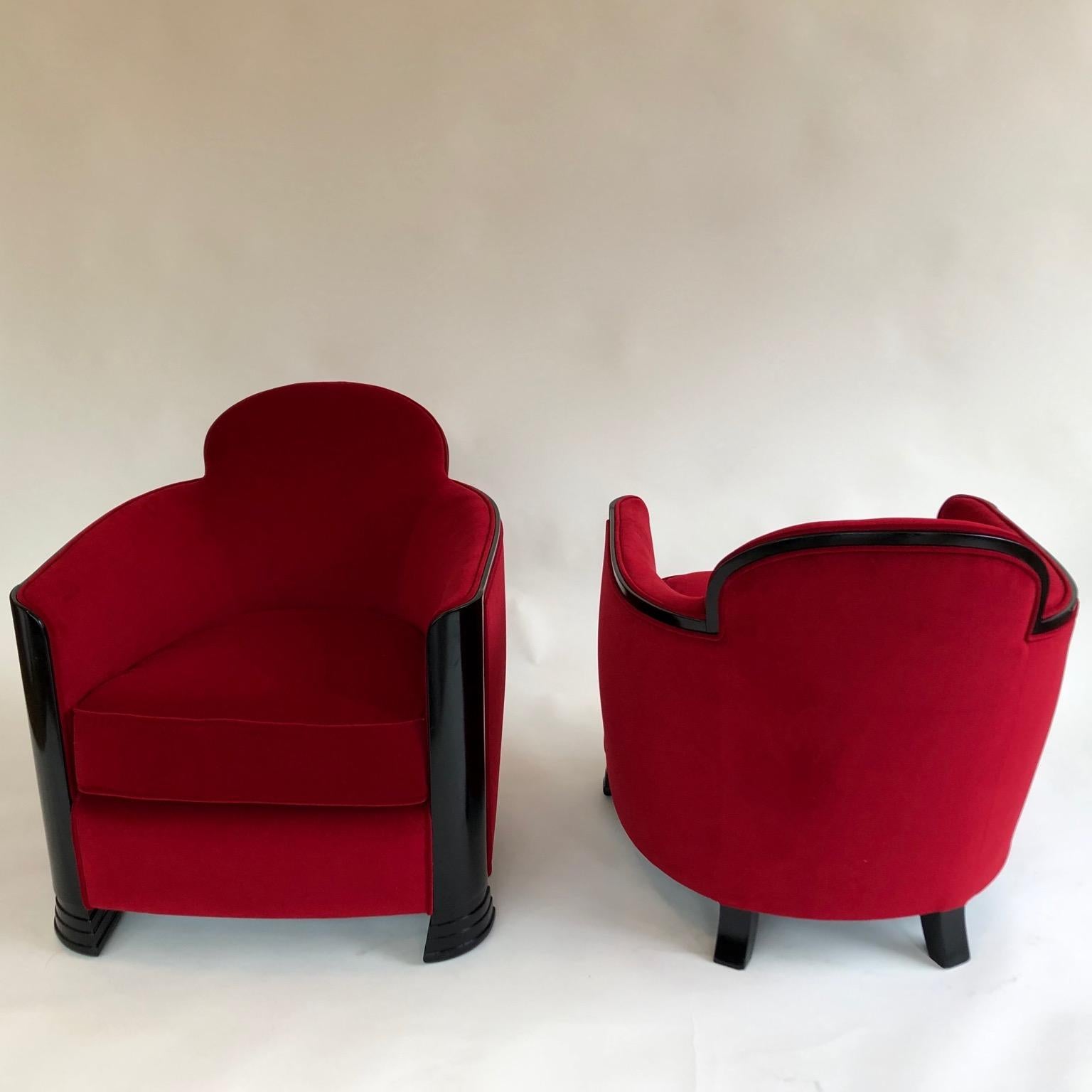 Velvet Black and Red Art Deco Modernist Pair of Armchairs, Club Chairs, France, 1930s