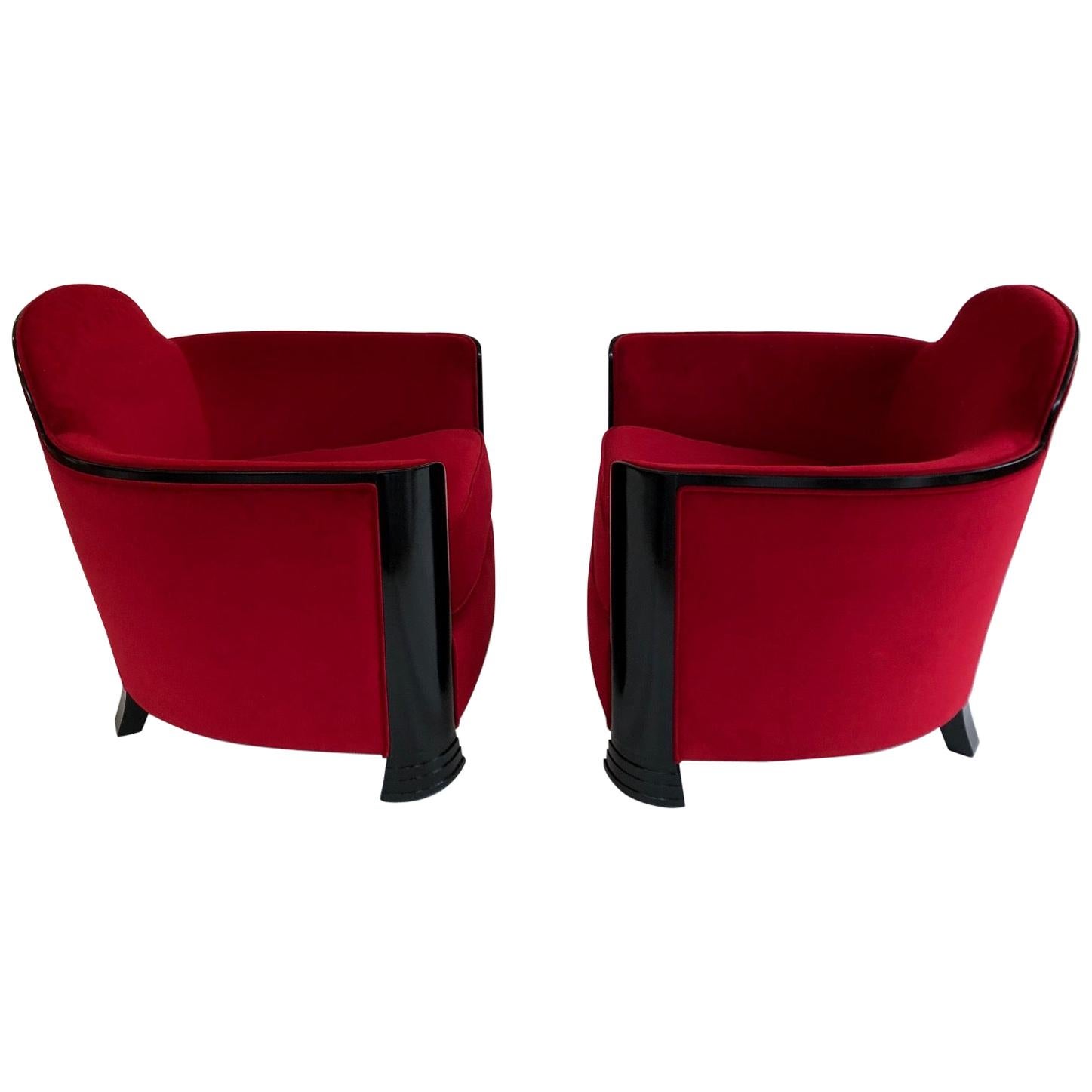 Black and Red Art Deco Modernist Pair of Armchairs, Club Chairs, France, 1930s