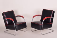 Black and red Bauhaus leather armchairs, made in 1930s Czechia by Mücke-melder