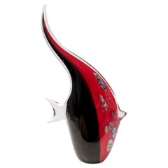 Black and Red Blown Murano Glass Fish Decorative Figure, Italy