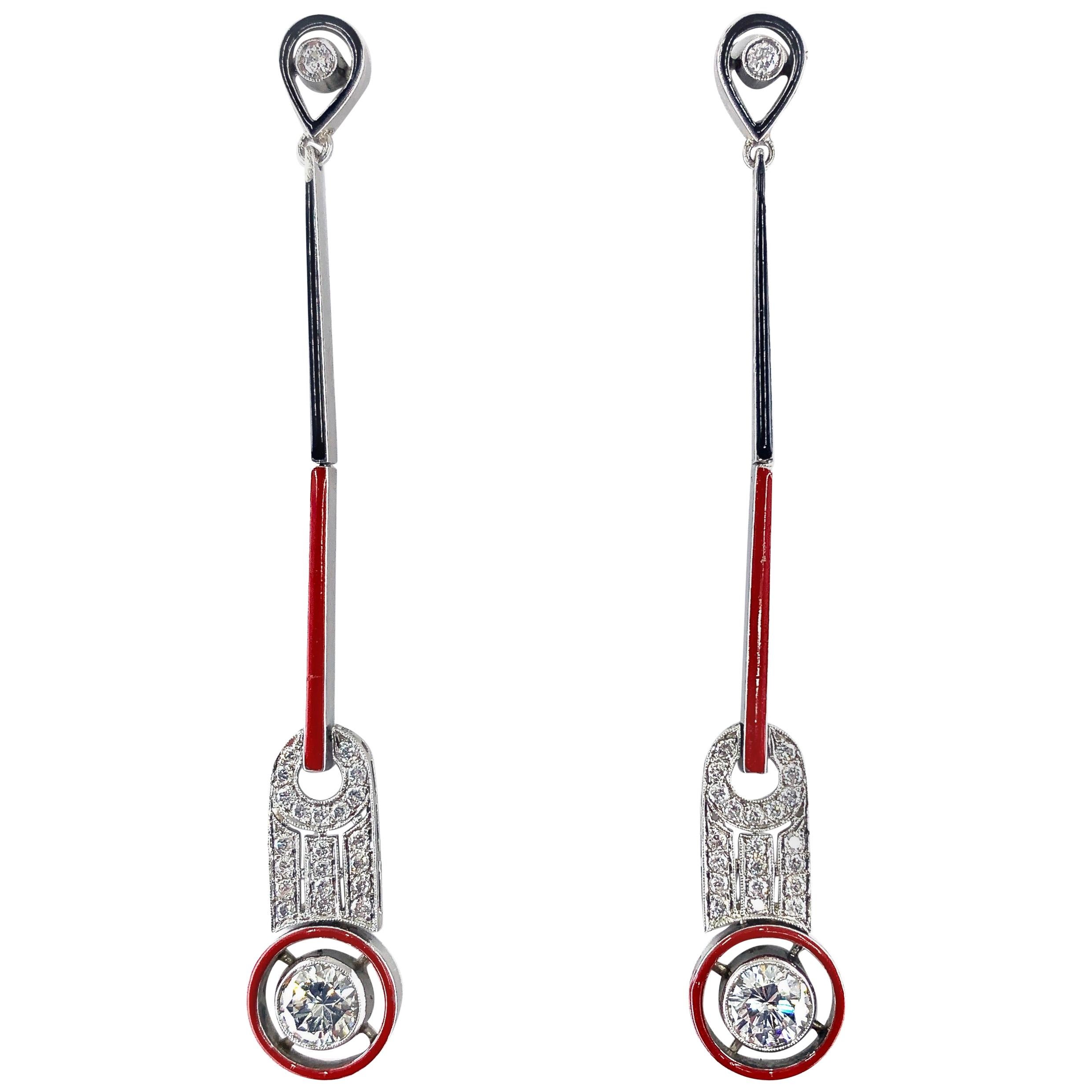 Black and Red Enamel Extra-Long Diamond Post Dangle Earrings in Platinum For Sale
