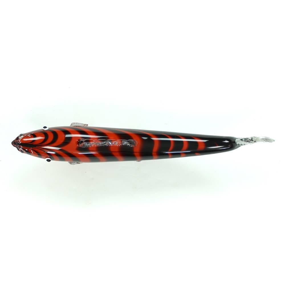 Mid-Century Modern Black and Red Glass Fish Statue, Czechoslovakia, circa 1960 For Sale