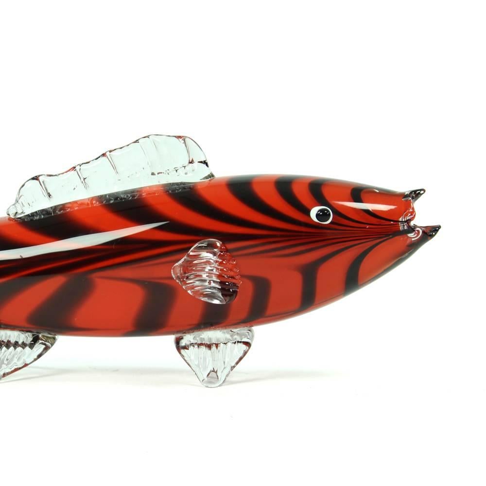 20th Century Black and Red Glass Fish Statue, Czechoslovakia, circa 1960 For Sale