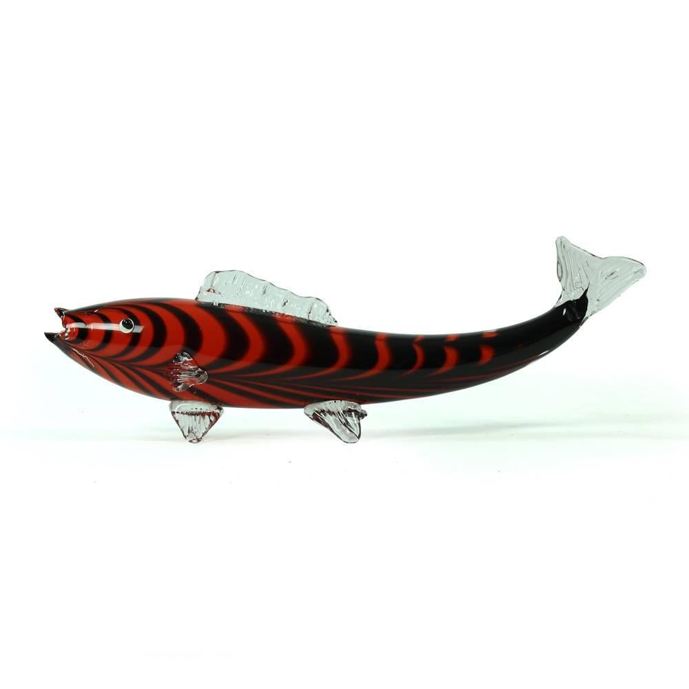 Blown Glass Black and Red Glass Fish Statue, Czechoslovakia, circa 1960 For Sale