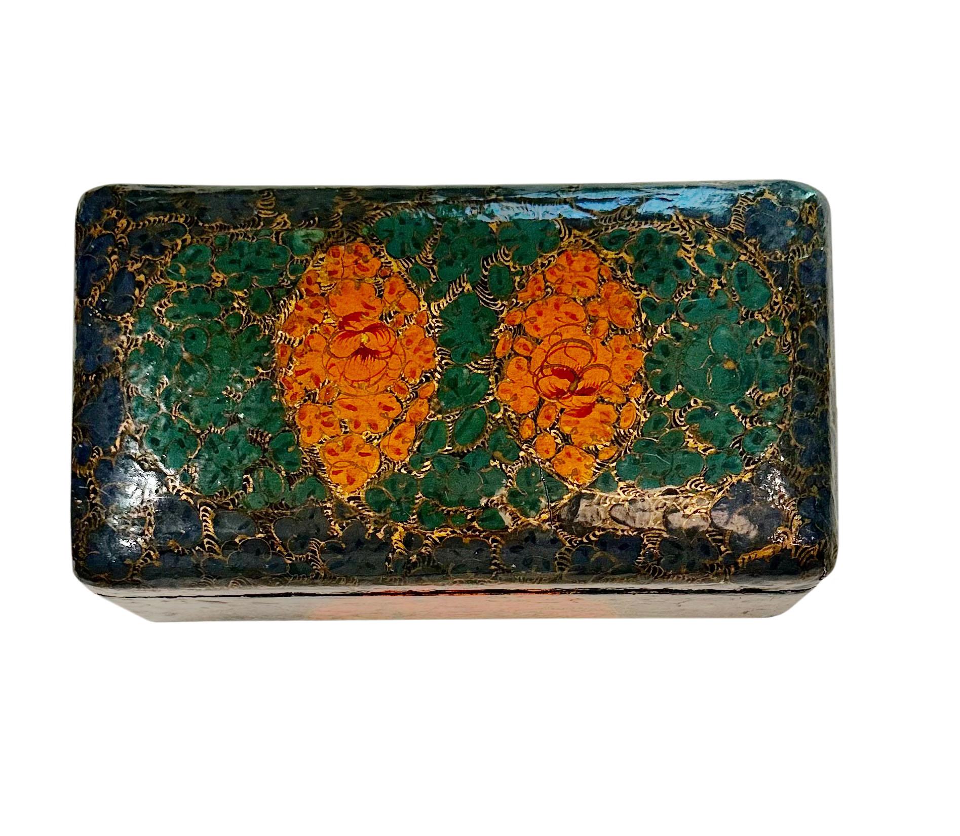 This box is wonderful. Colors are great orange, green, and gold. From Kashmir, India circa 1915 maybe earlier.