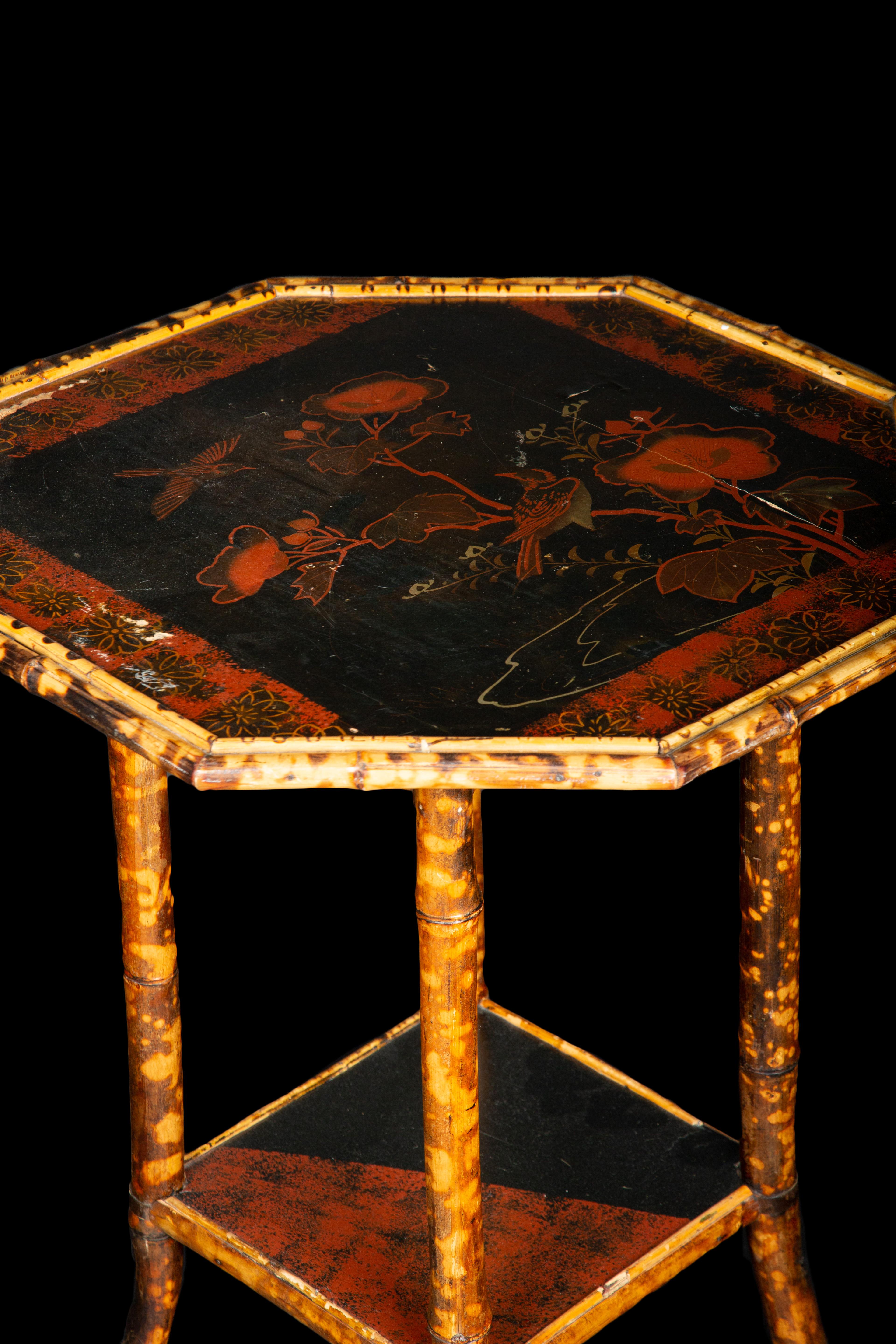 Anglo-Japanese Black and Red Lacquered Bamboo Side Table with Painted Top