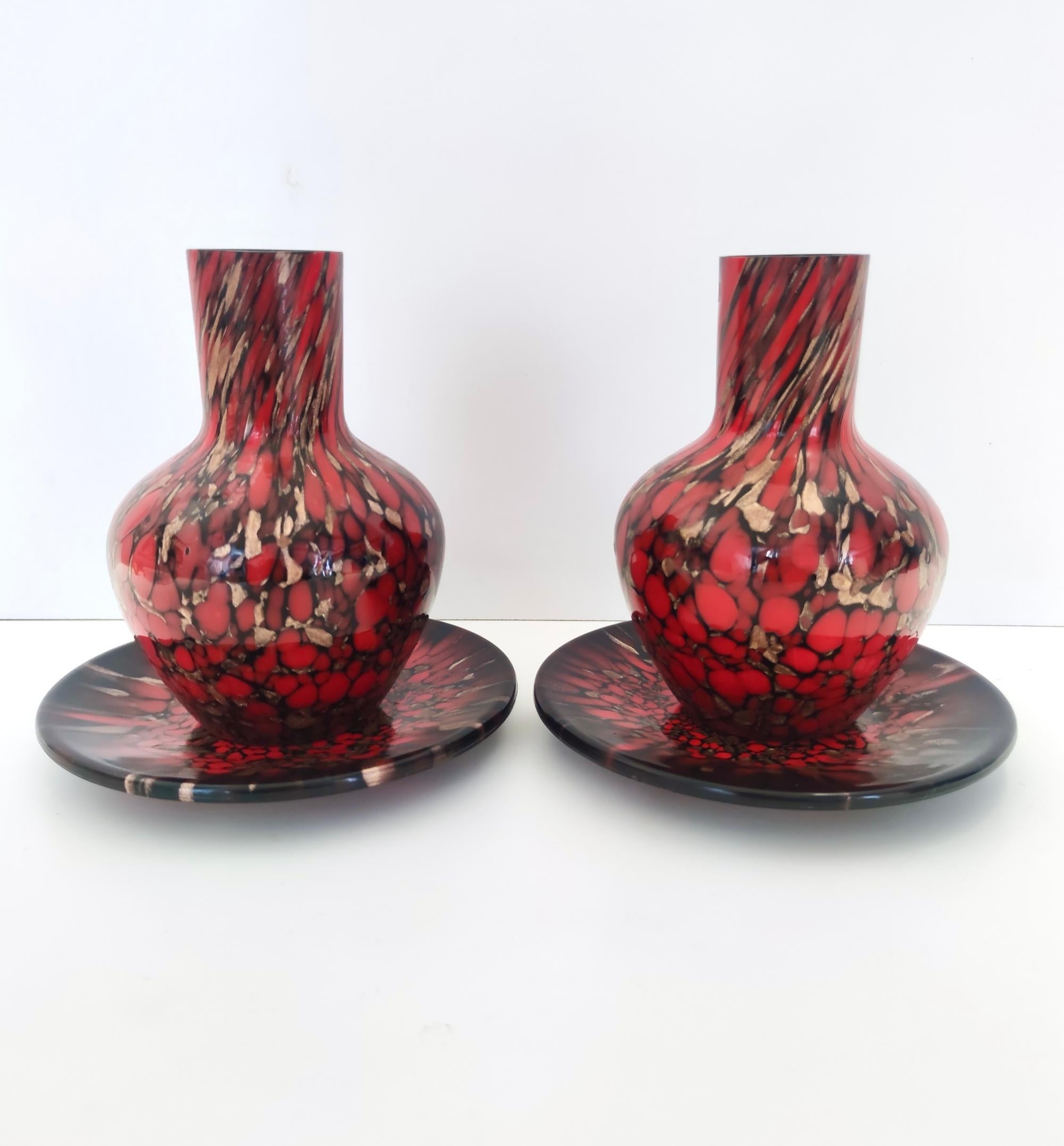 Mid-Century Modern Black and Red Murano Glass Vases by Vincenzo Nason with Bronze Aventurine Glass For Sale