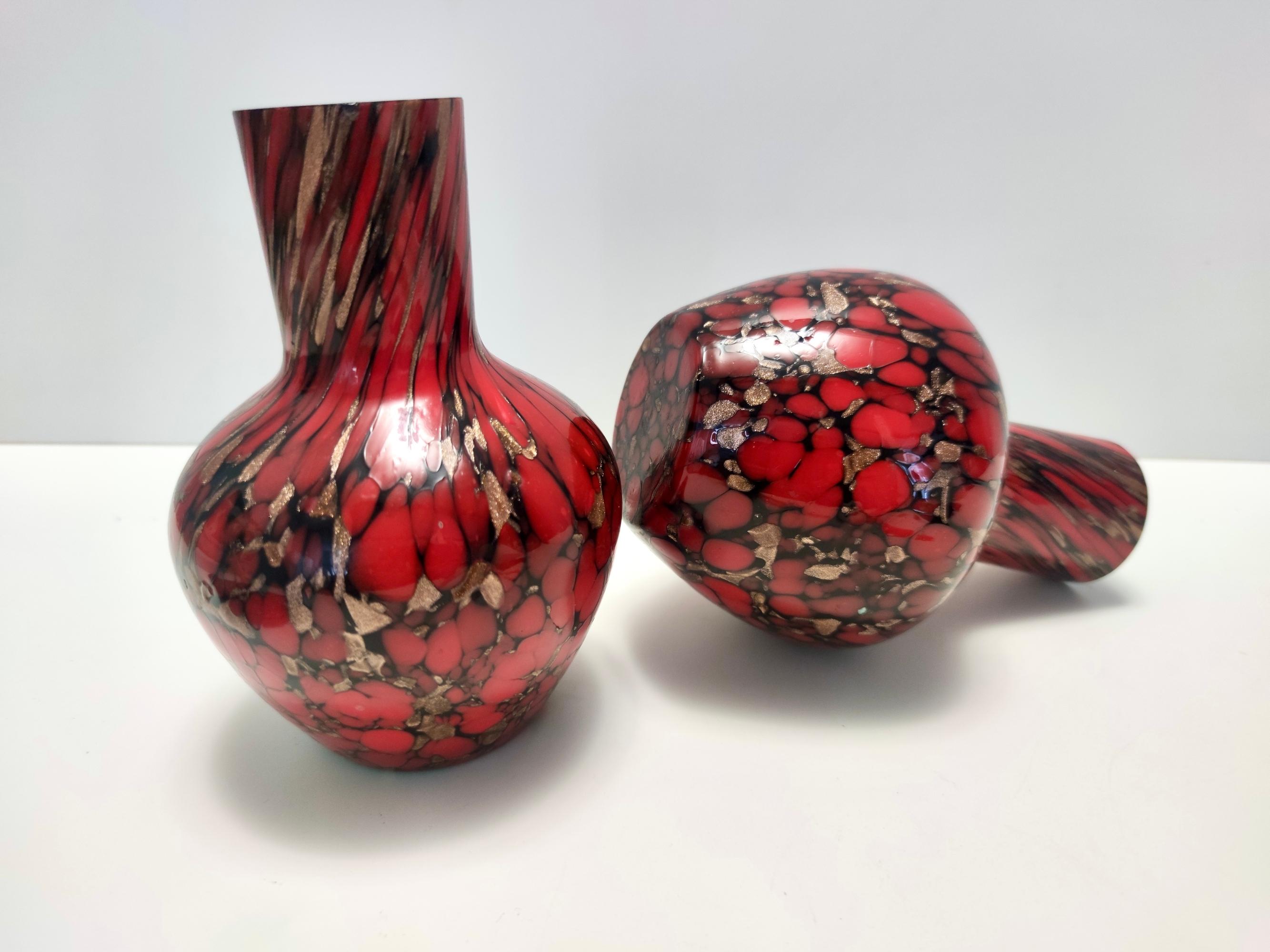 Italian Black and Red Murano Glass Vases by Vincenzo Nason with Bronze Aventurine Glass For Sale