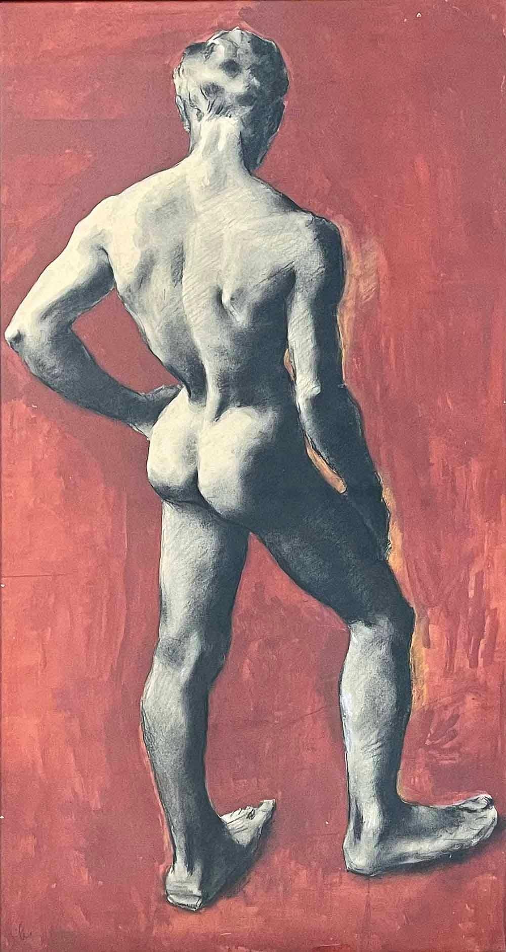 Bold and striking, this large 1950s painting of a nude male youth, executed in black gouache or charcoal on a rich, deep red ground, was made by Christopher Clark.  The artist is best known for his Art Deco paintings, and indeed he worked with