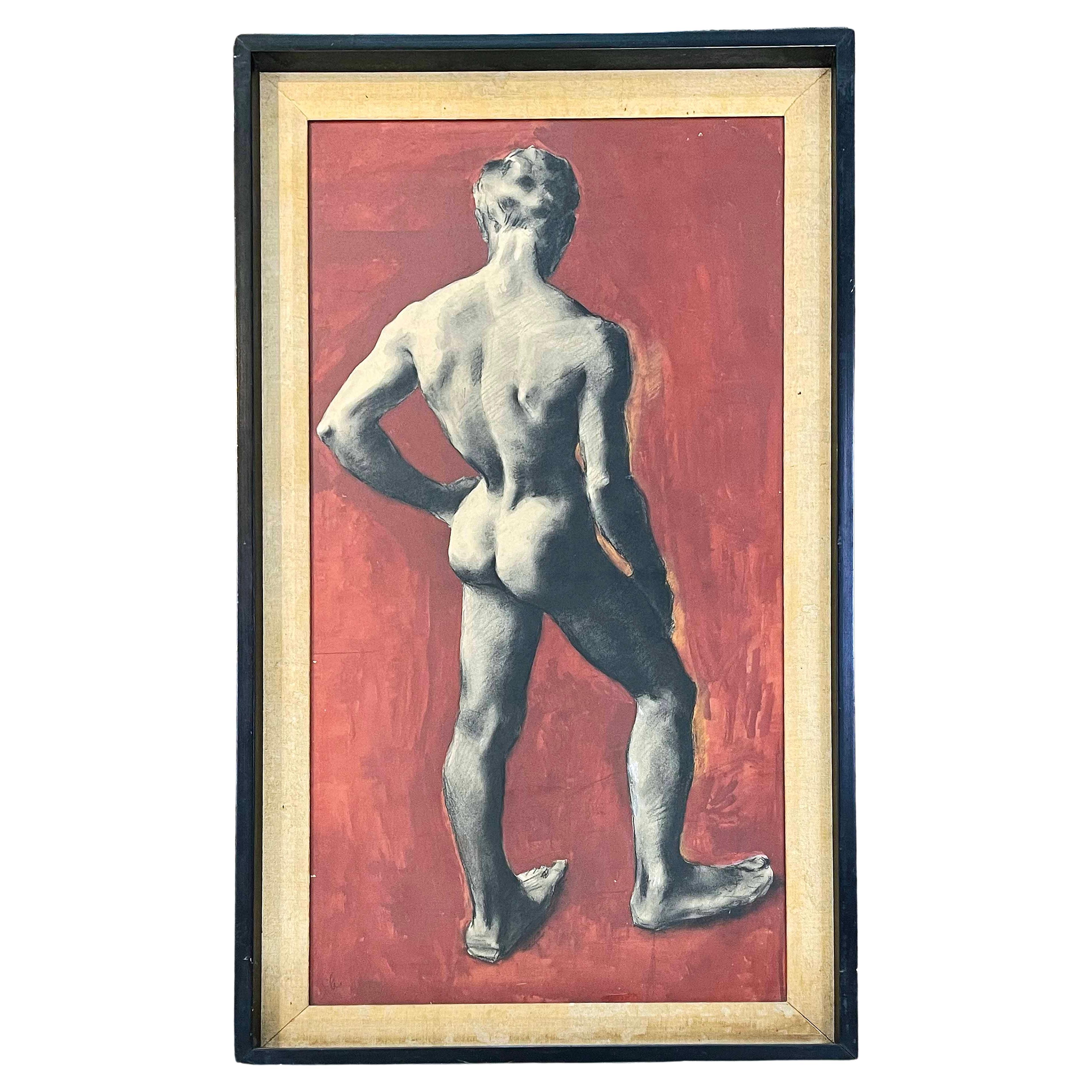 "Black and Red Nude", Large Male Nude Painting by Christopher Clark, 1954