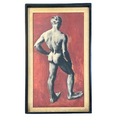 Retro "Black and Red Nude", Large Male Nude Painting by Christopher Clark, 1954