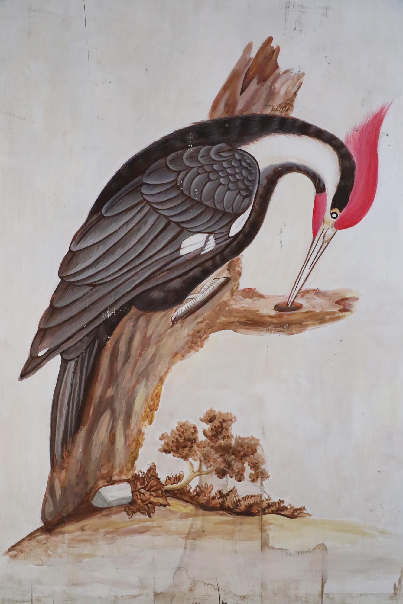Mid-Century Modern Black and Red Pileated Woodpecker Painting on Wood For Sale