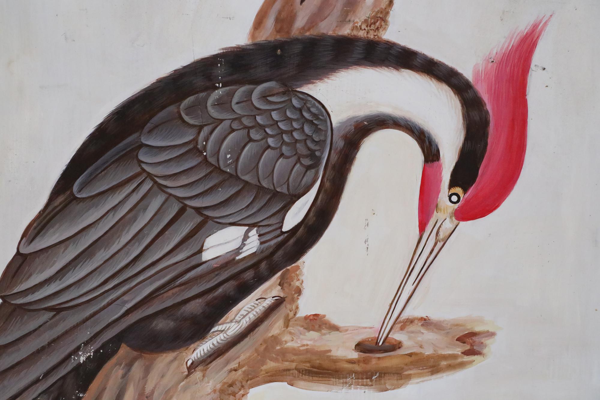 Black and Red Pileated Woodpecker Painting on Wood In Good Condition For Sale In New York, NY