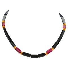Black and Red Tourmaline Crystal Beaded Necklace with 18 Carat Mat Yellow Gold
