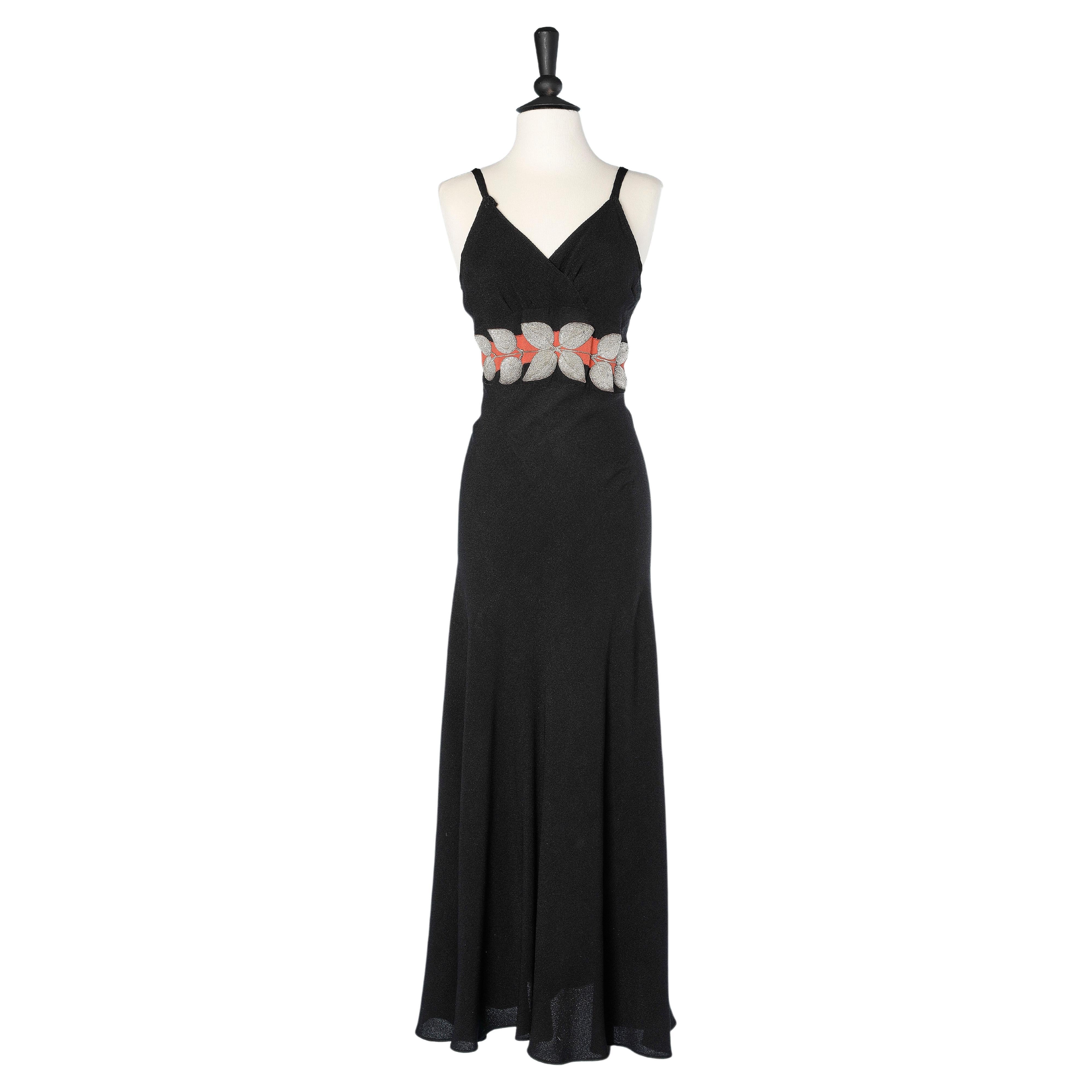 Black and saffron crêpe cocktail dress with silver thread embroidered Circa 1930 For Sale