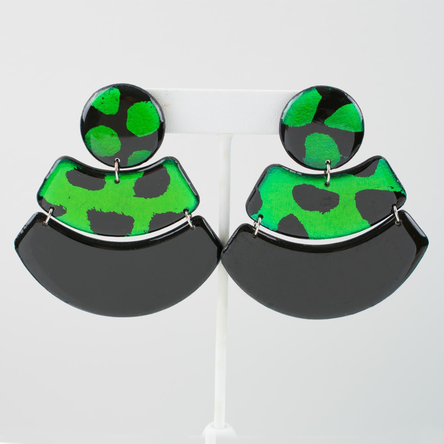 Black and Shamrock Acrylic Massive Dangle Earrings For Sale 1