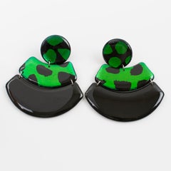 Black and Shamrock Green Acrylic Lucite Geometric Dangle Clip Earrings
