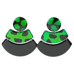 Black and Shamrock Green Acrylic Lucite Geometric Dangle Clip Earrings