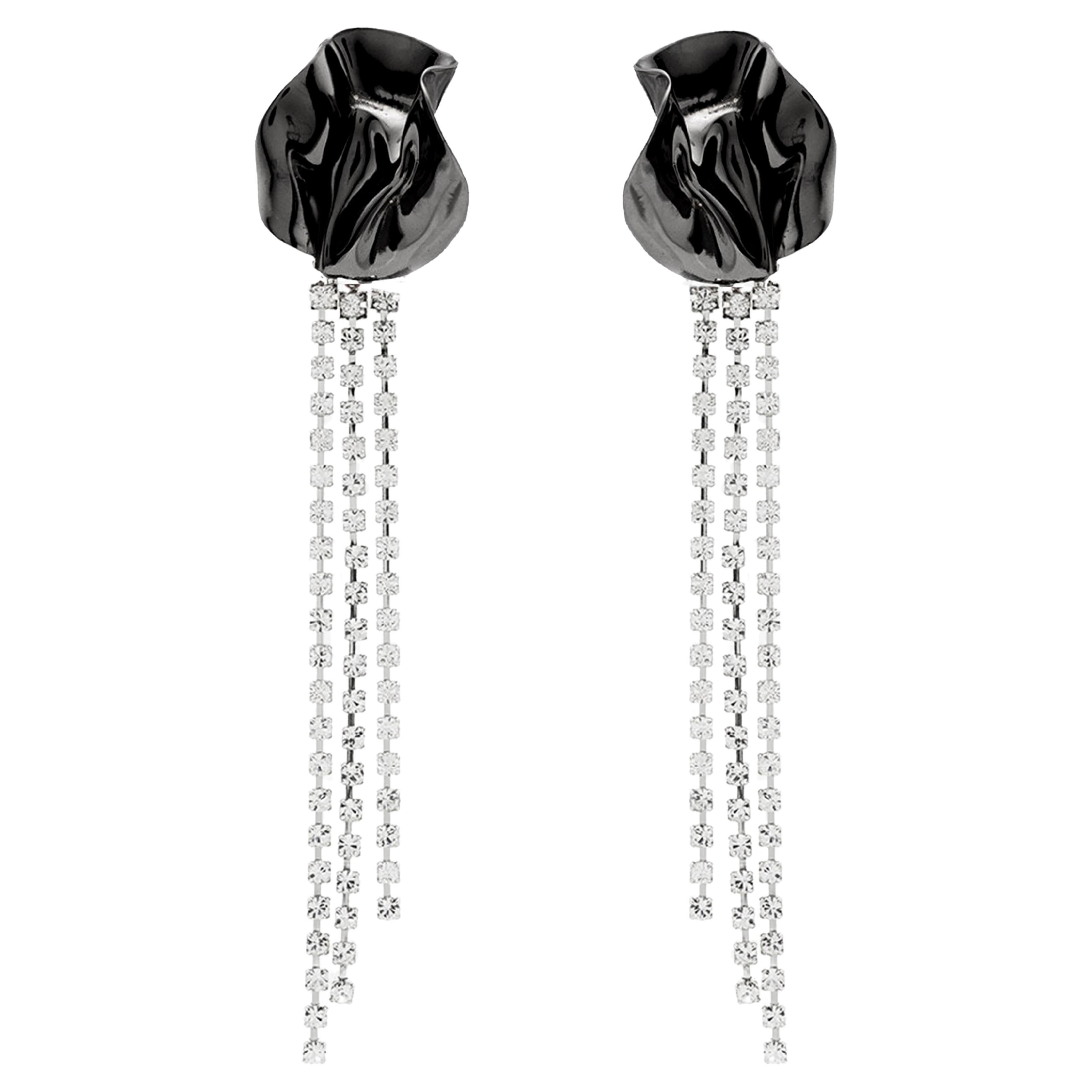 Black and Silver Abstract Floral Crystal Fringe Georgia Statement Earrings For Sale