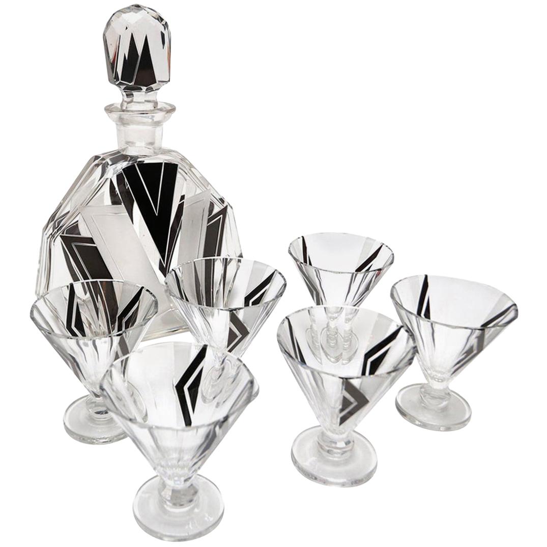 Black and Silver Art Deco Decanter Set with Six Glasses, 1930s