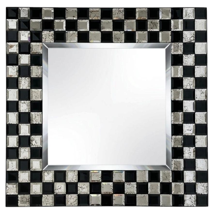 Checkerboard Design Black and Silver Beveled Glass Square Mirror For Sale